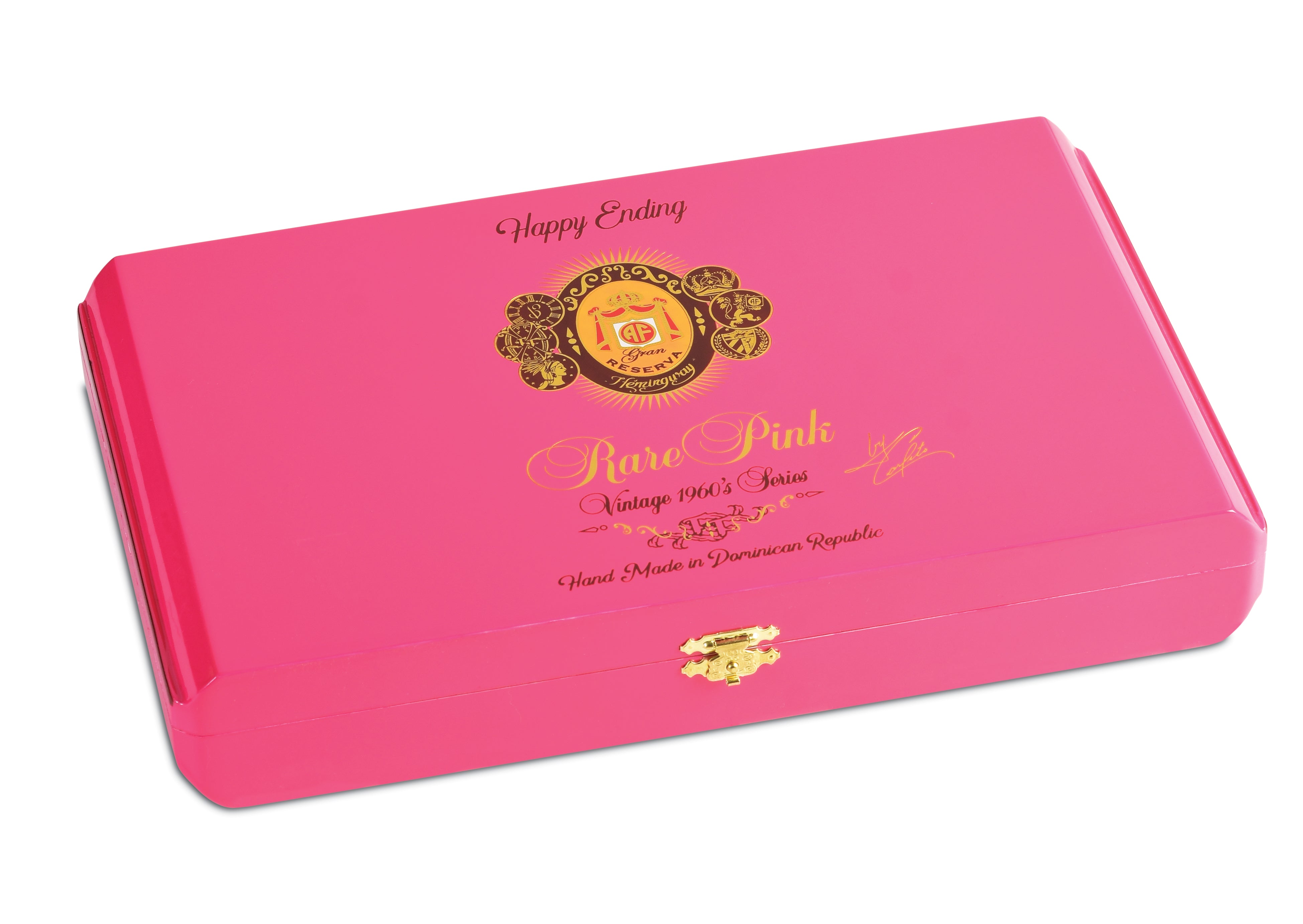 Pink cigar box with gold text and design on a white background