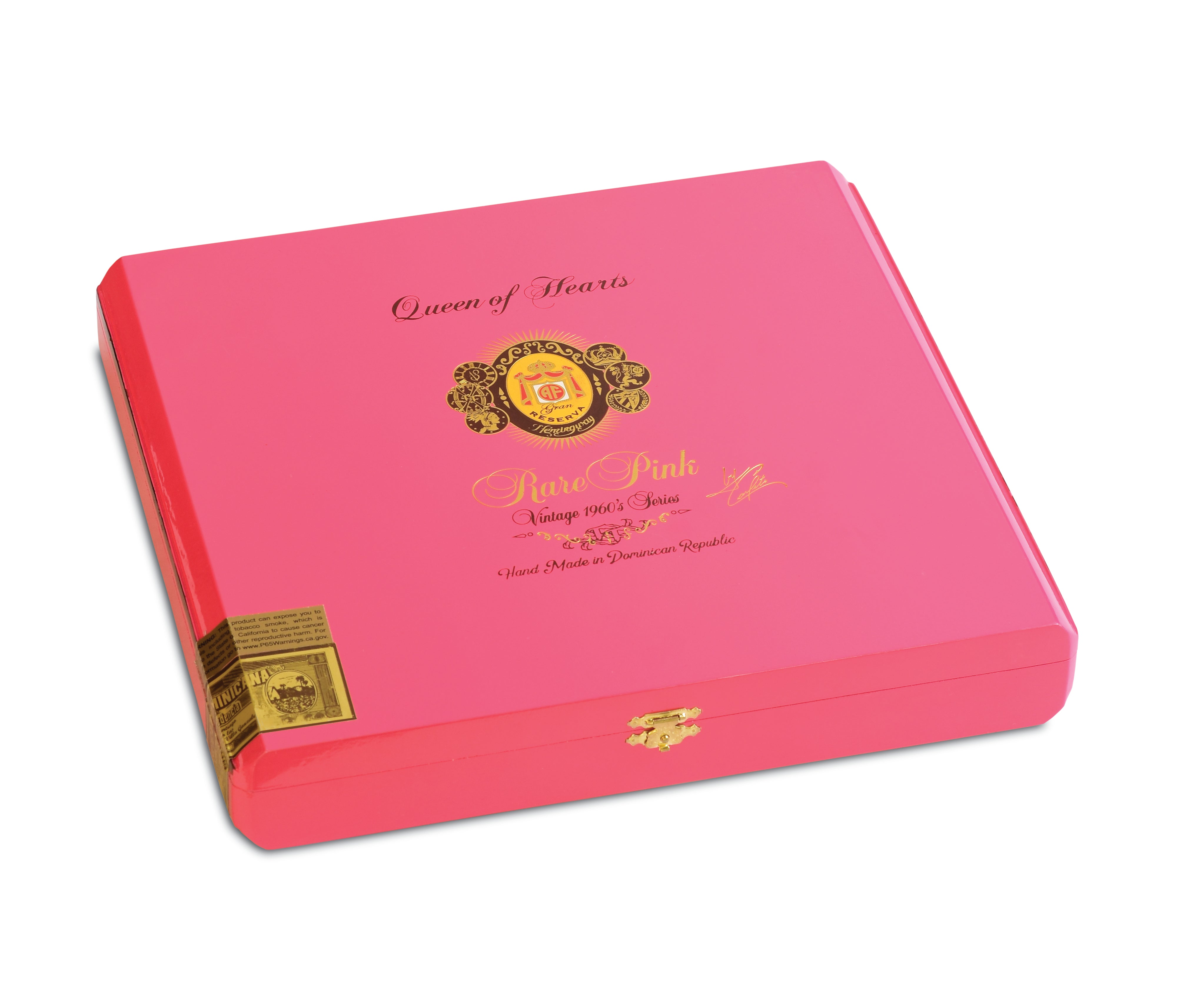 Pink cigar box with gold accents and 'Queen of Hearts' branding on a white background