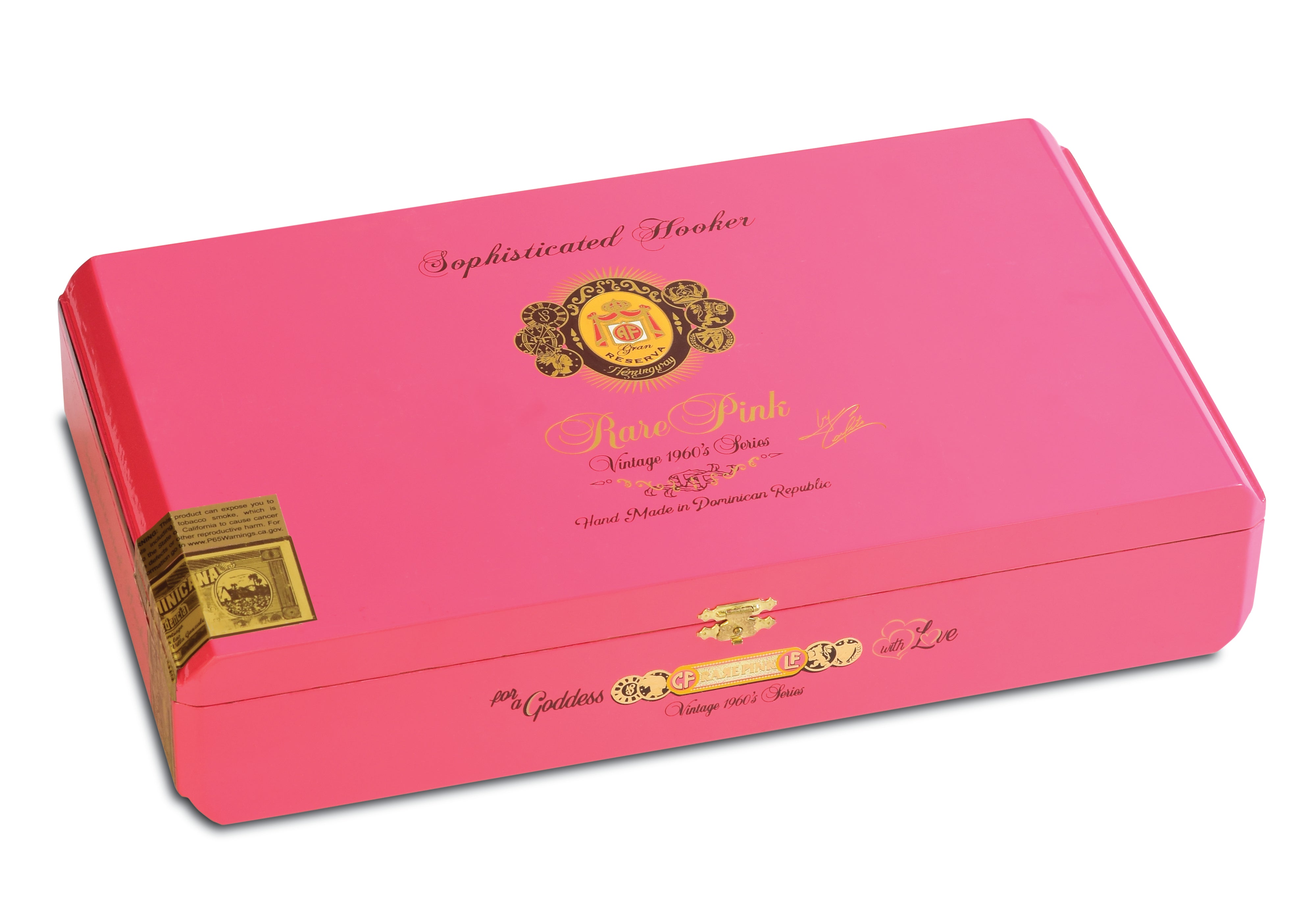 Pink cigar box with gold accents and brand logo on a white background