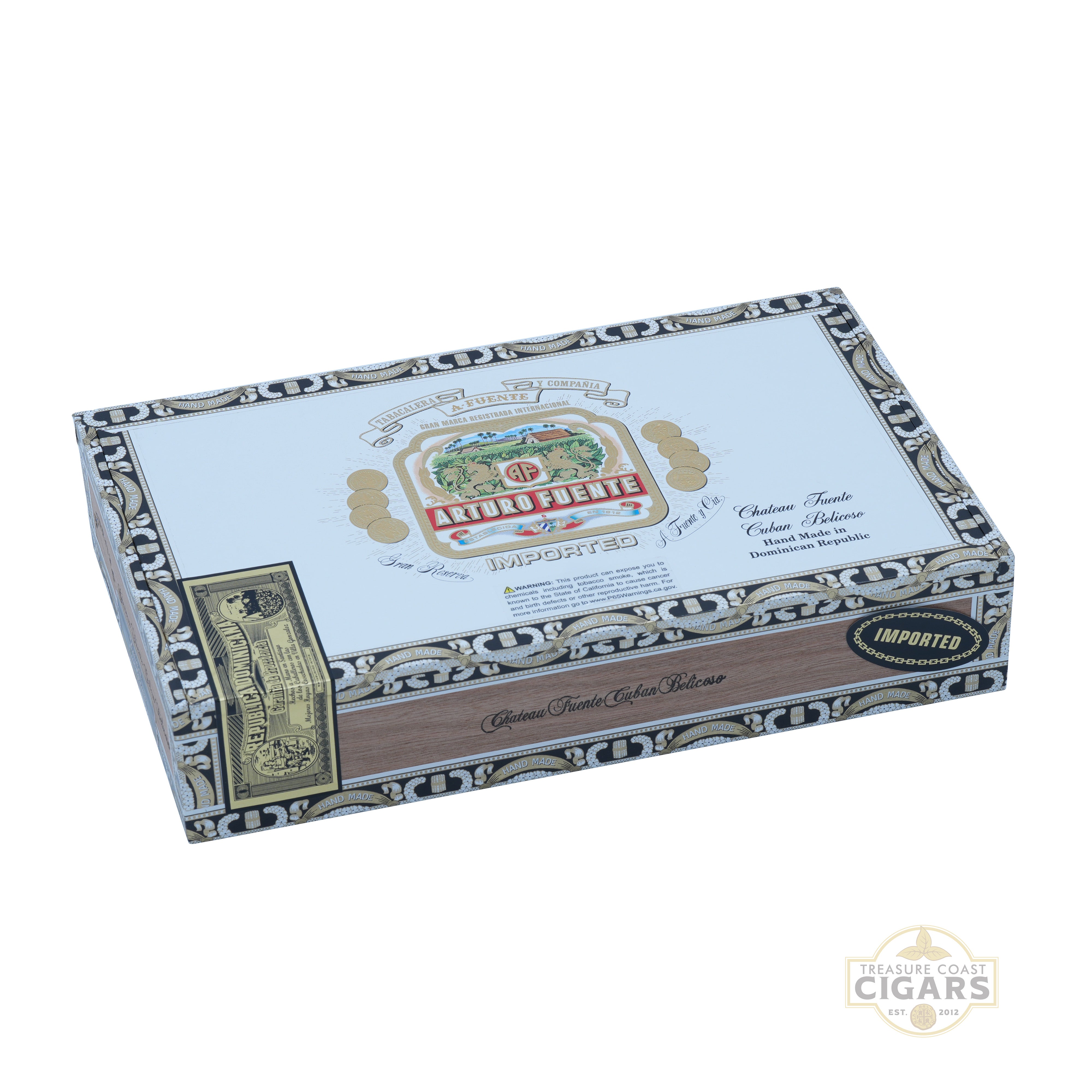 Box of Arturo Fuente cigars with decorative design on a white background