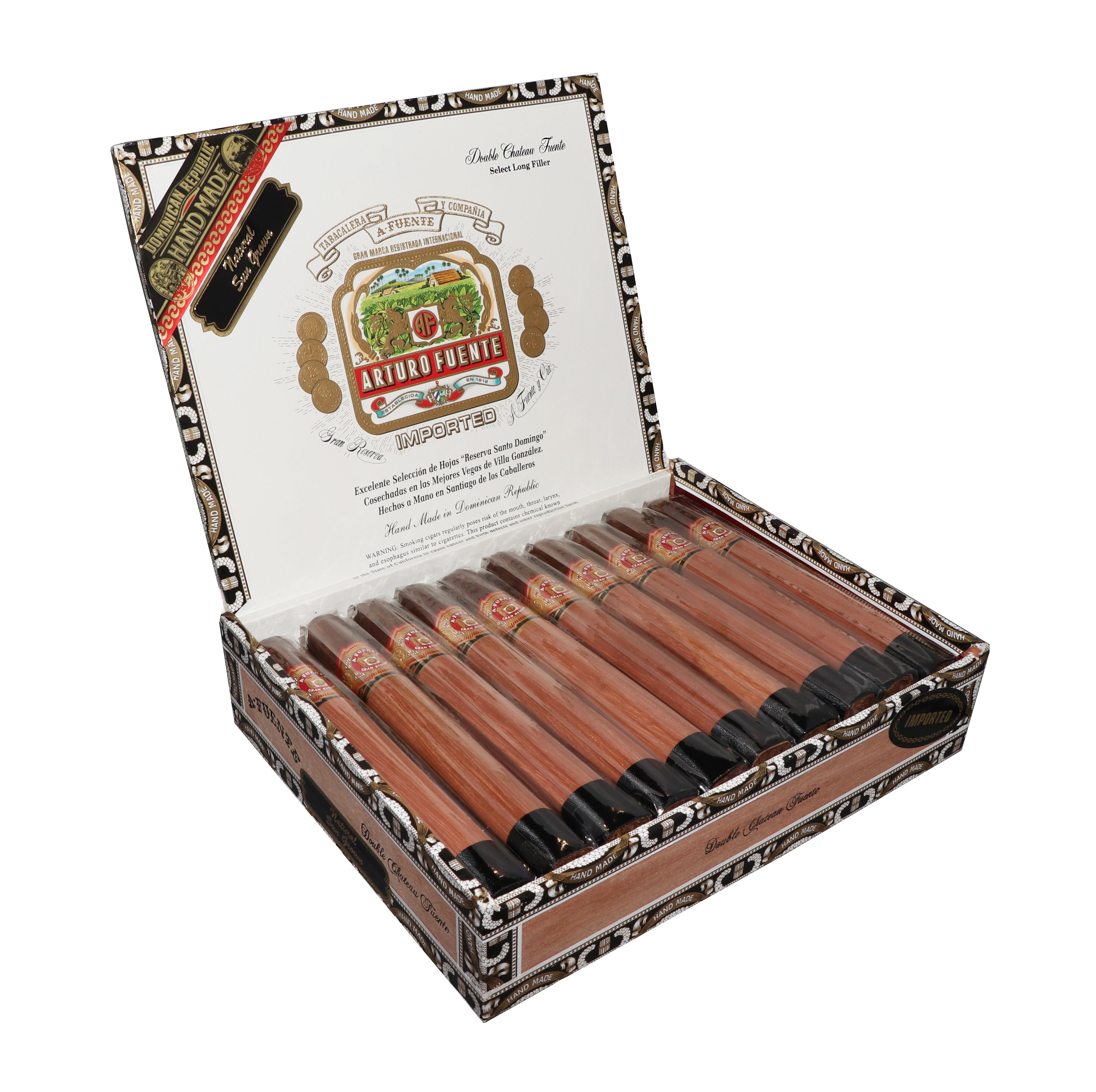 Open box of Arturo Fuente Double Chateau Sungrown cigars with a visible brand logo on a white background