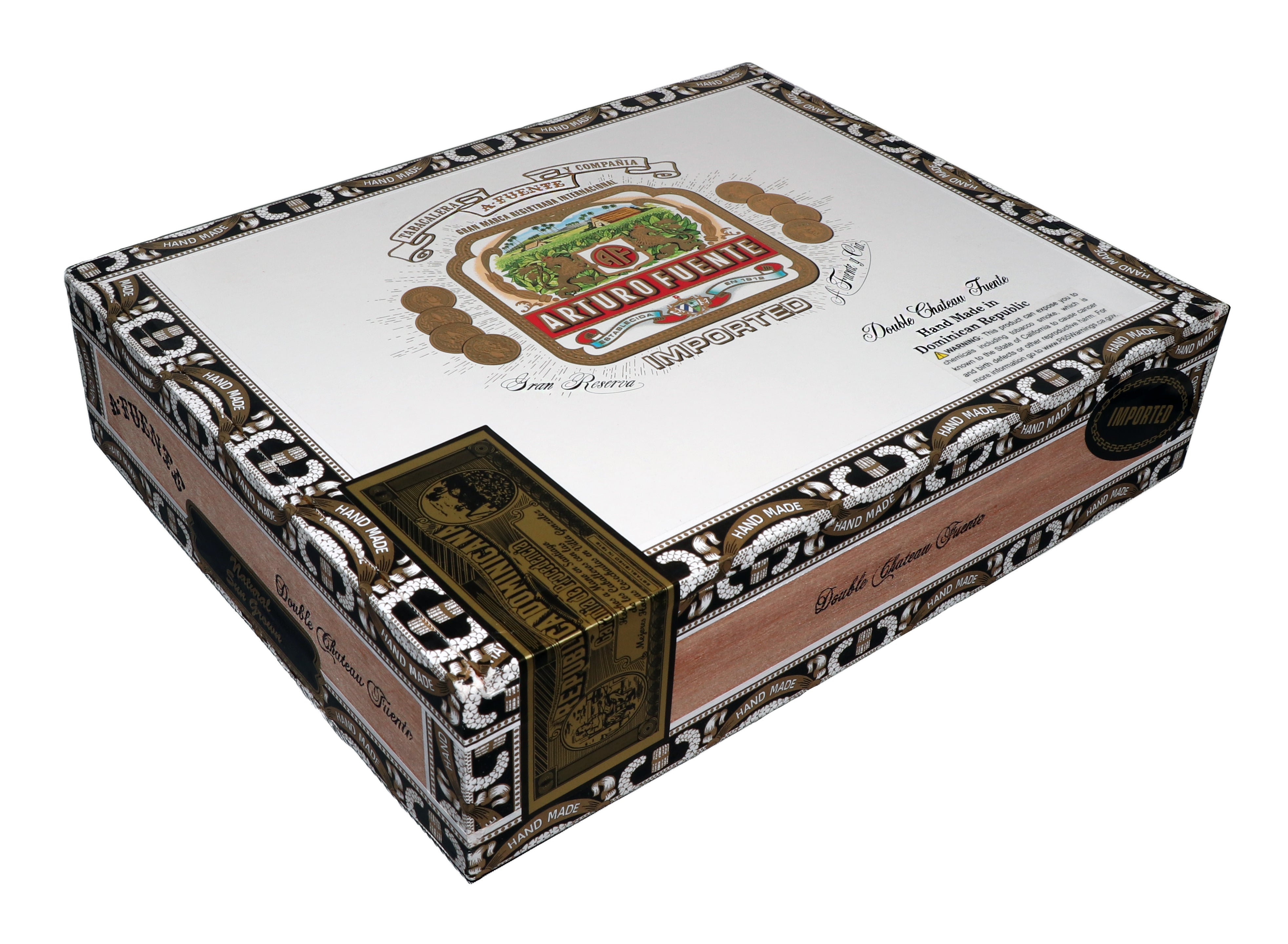 Arturo Fuente Sungrown Double Chateau Cigar box with decorative design and brand logo on a white background