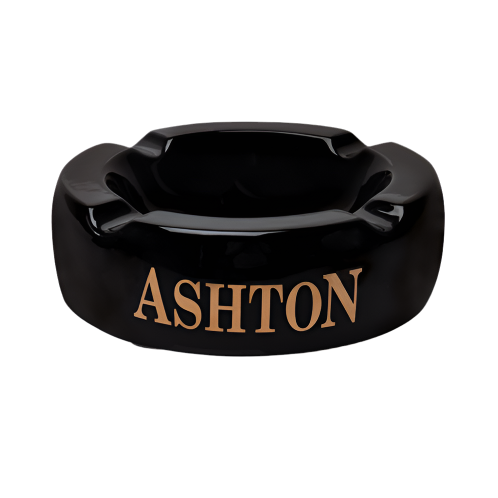 Black ashtray with 'Ashton' branding on a white background