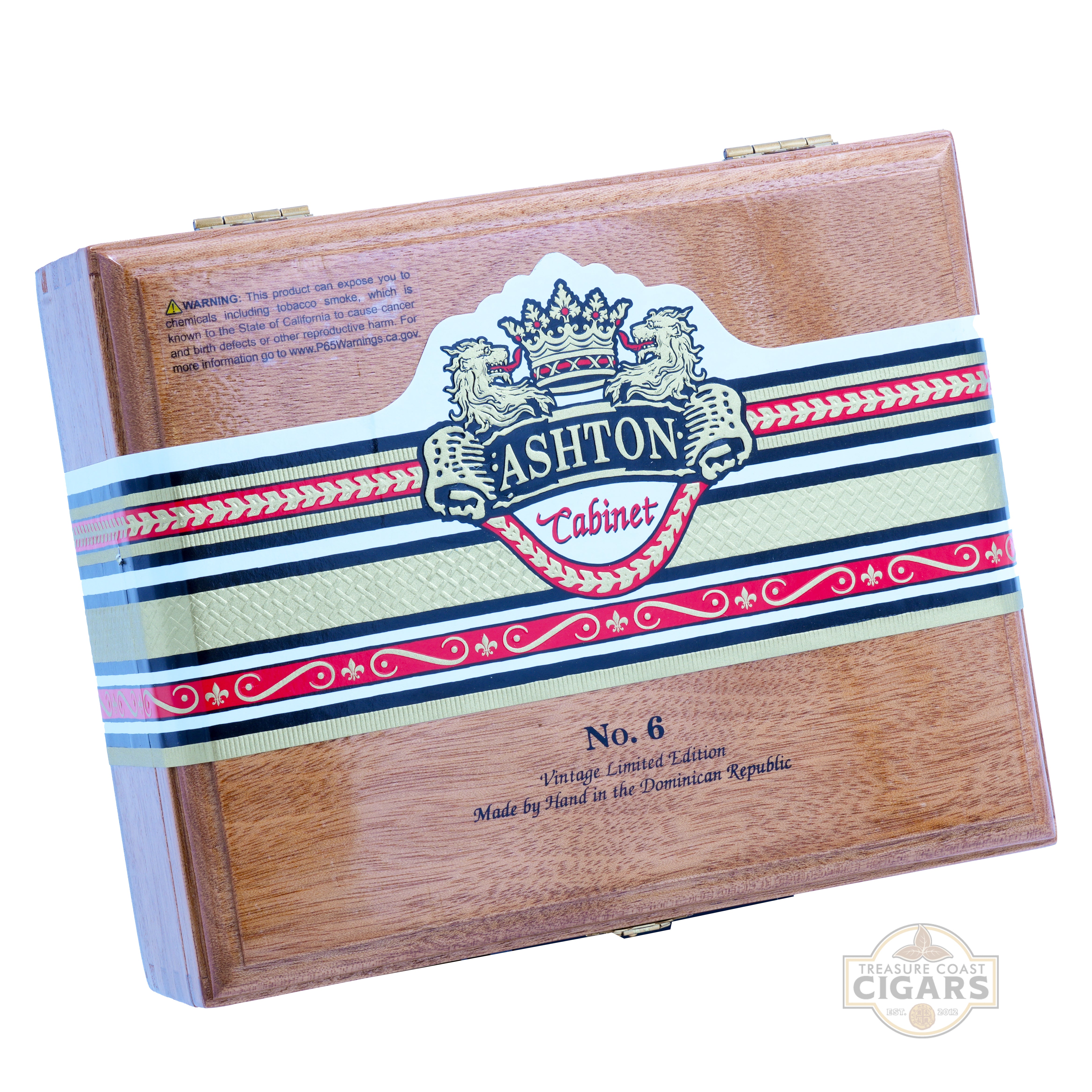 Wooden cigar box with Ashton Cabinet branding on a white background