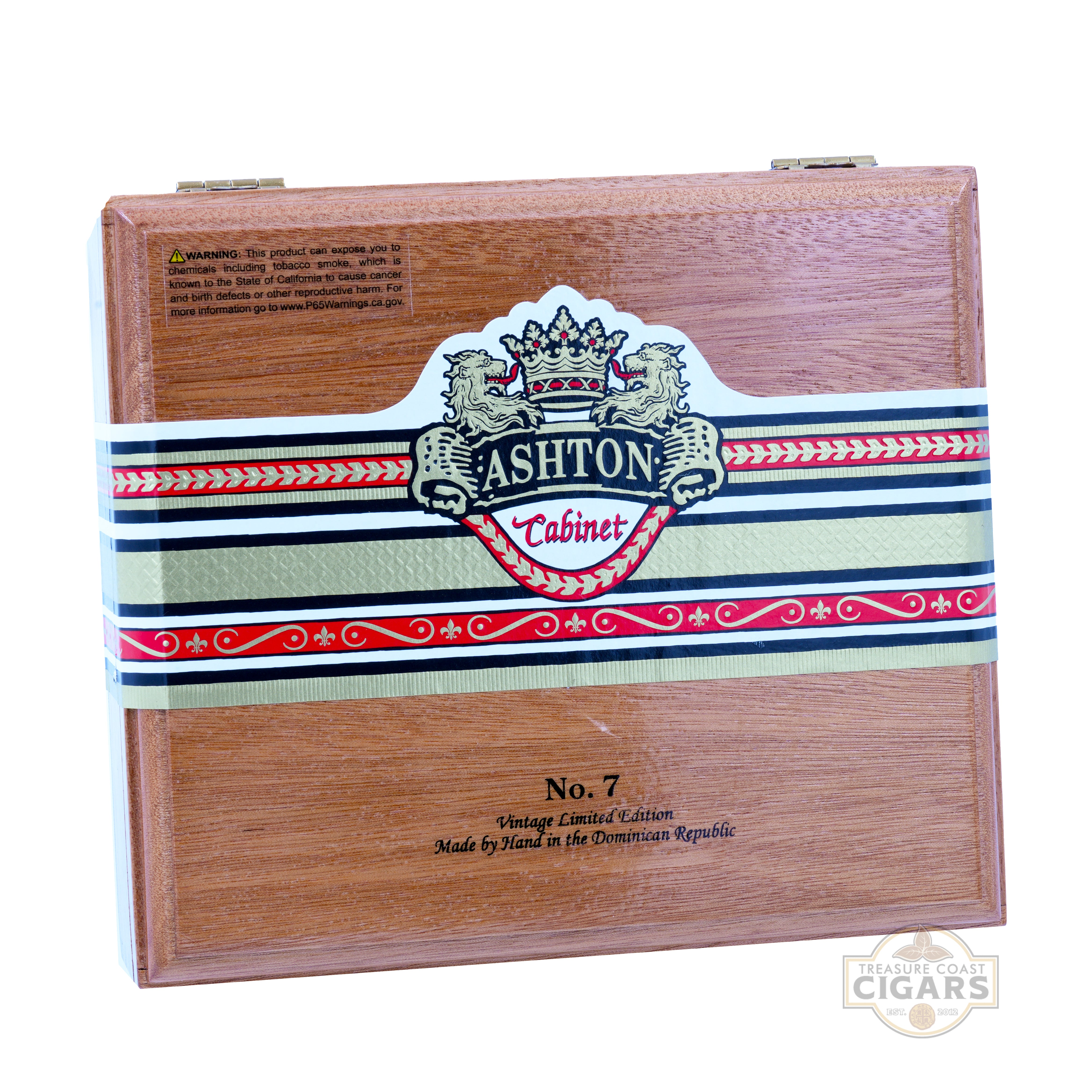 Wooden cigar box with Ashton Cabinet branding on a white background