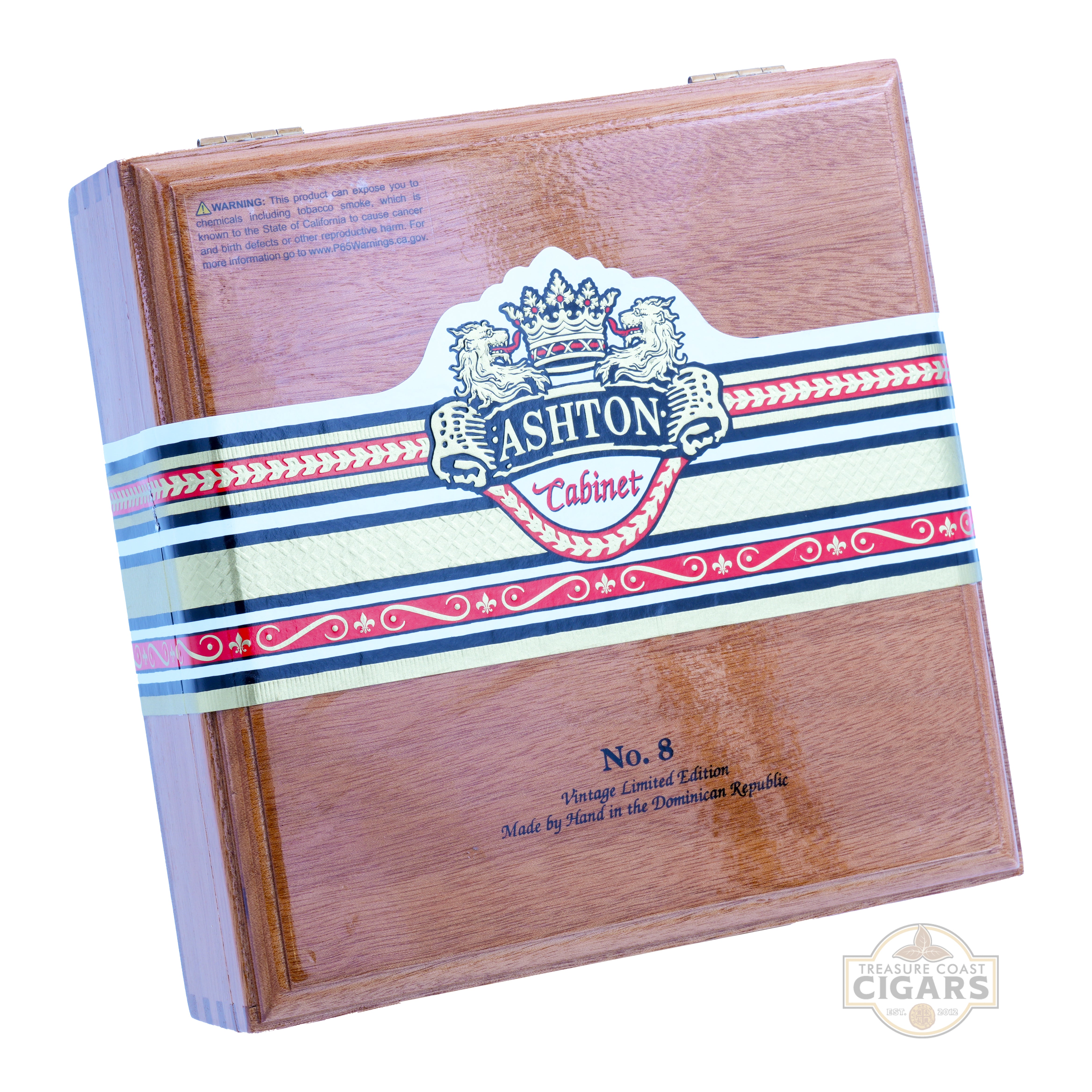 Wooden cigar box with Ashton branding on a white background