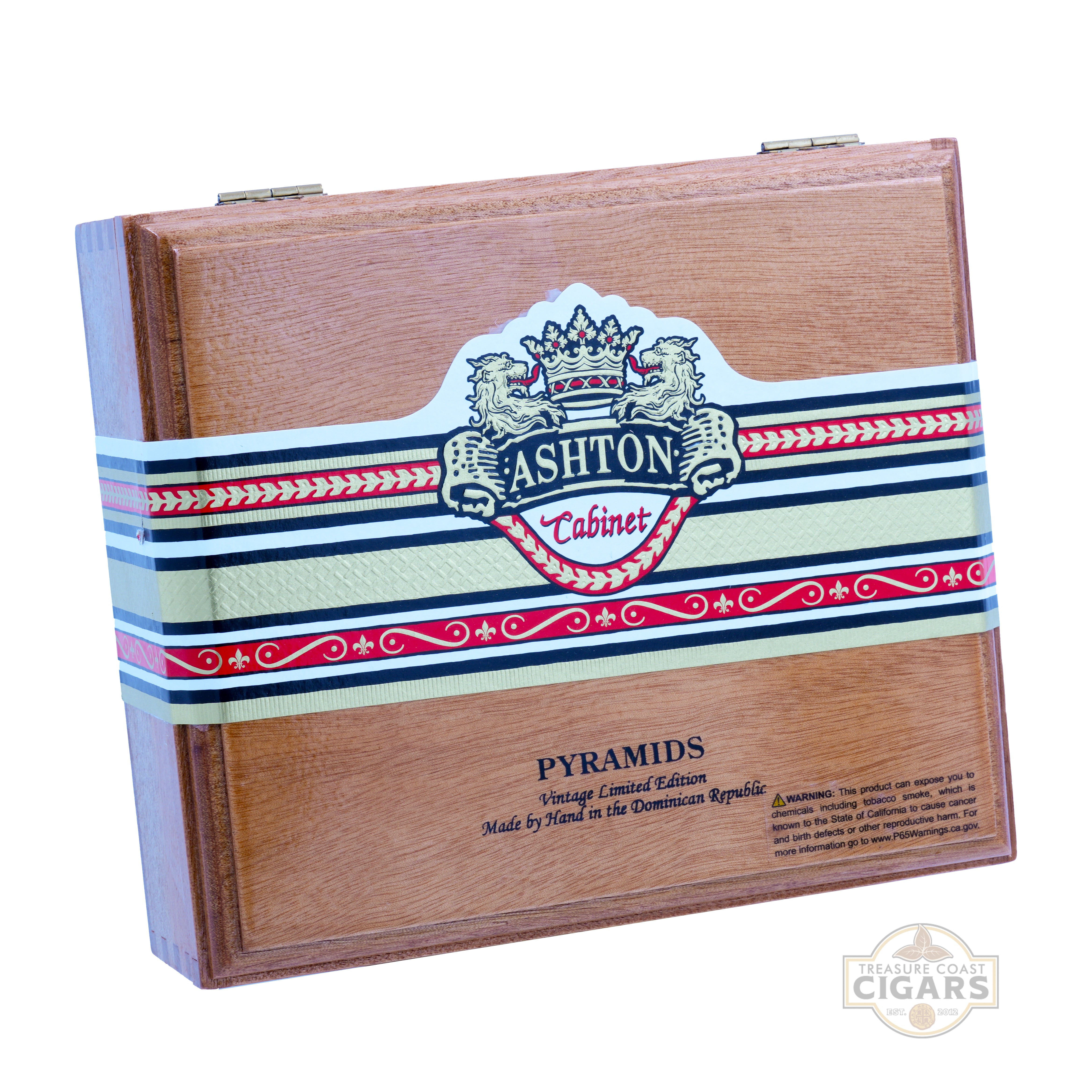 Wooden cigar box with Ashton Cabinet branding on a white background