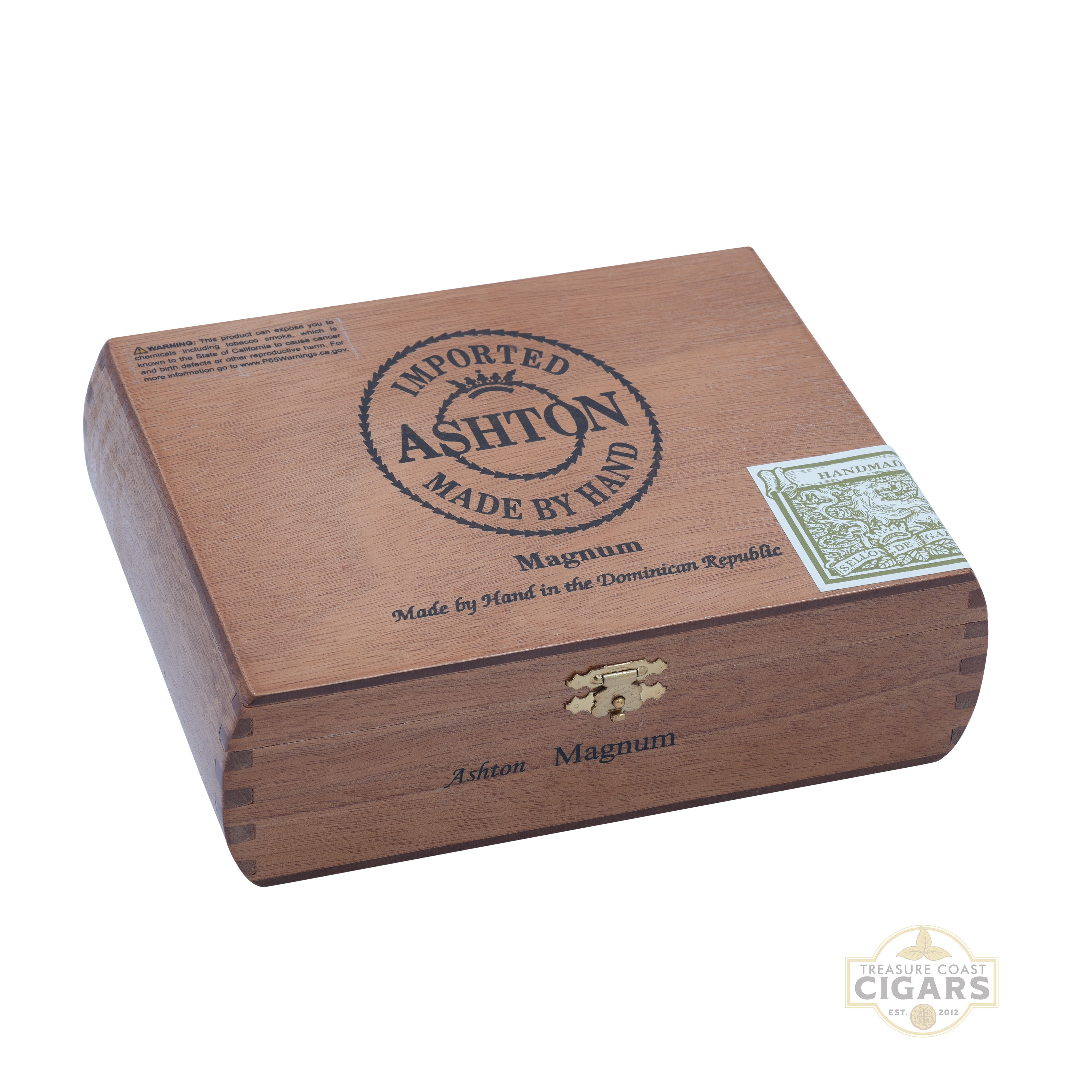 Wooden cigar box with Ashton branding on a white background