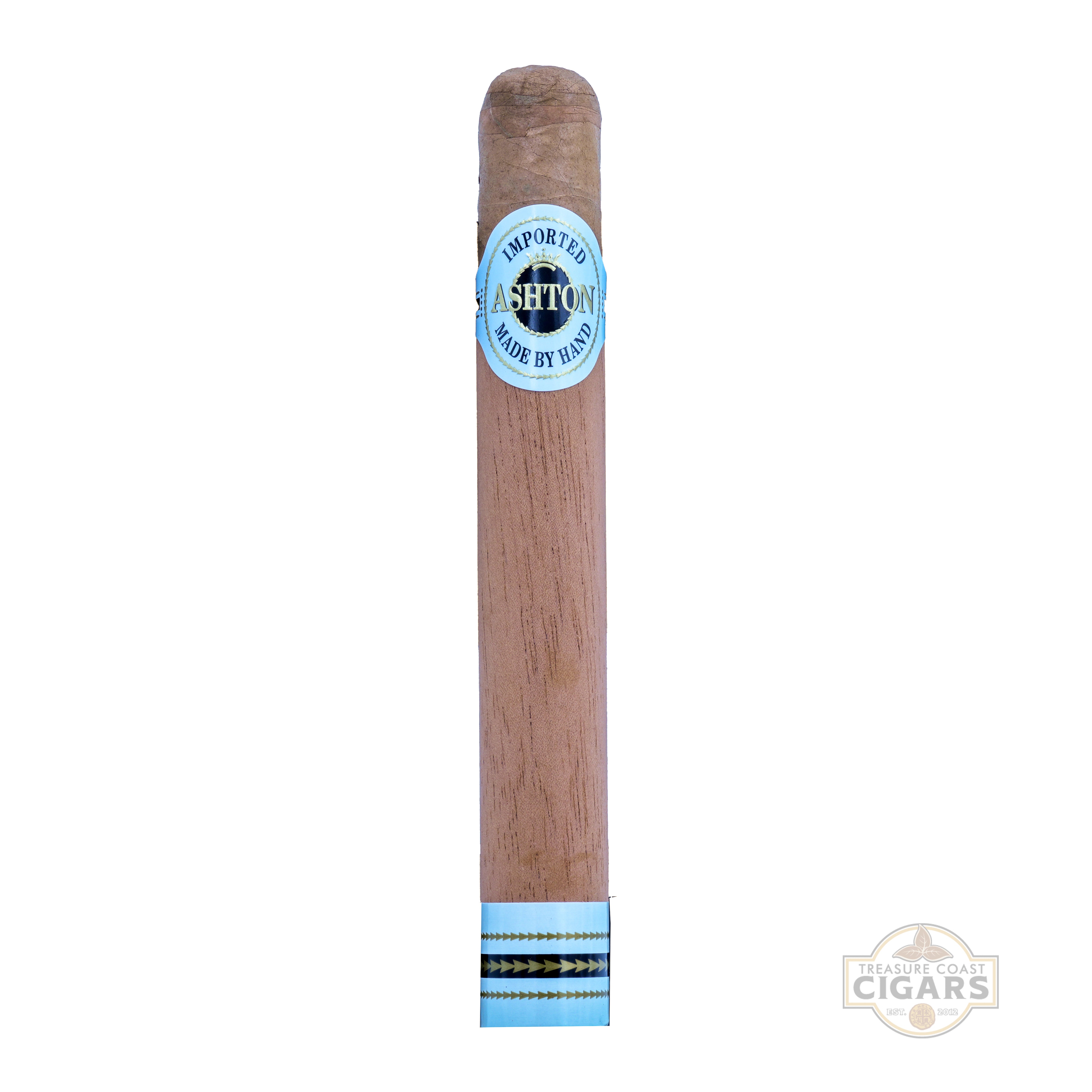Cigar with Ashton branding and cedar sleeve on a white background