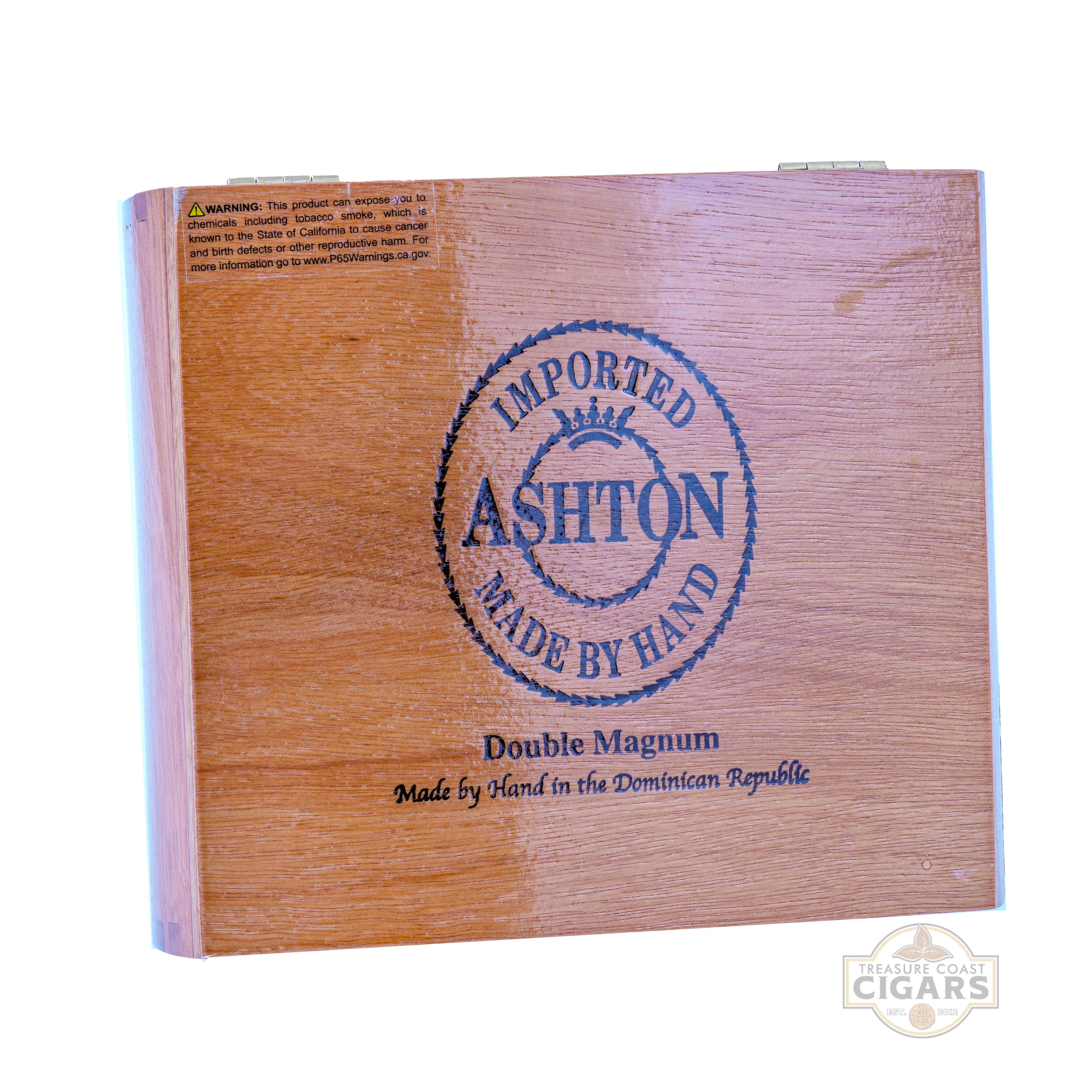 Wooden cigar box with Ashton branding on a white background