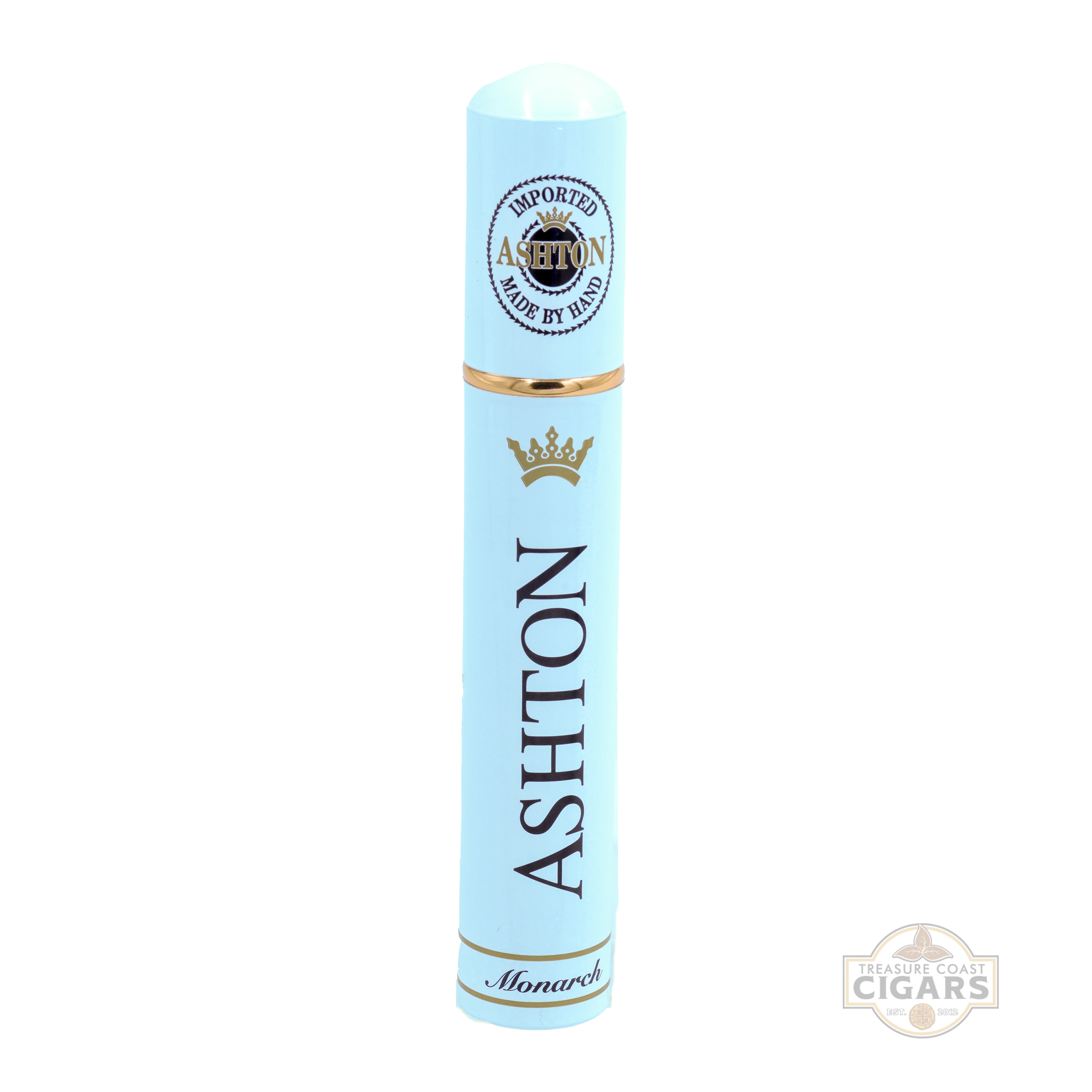 White cylindrical cigar tube with 'Ashton' branding on a white background