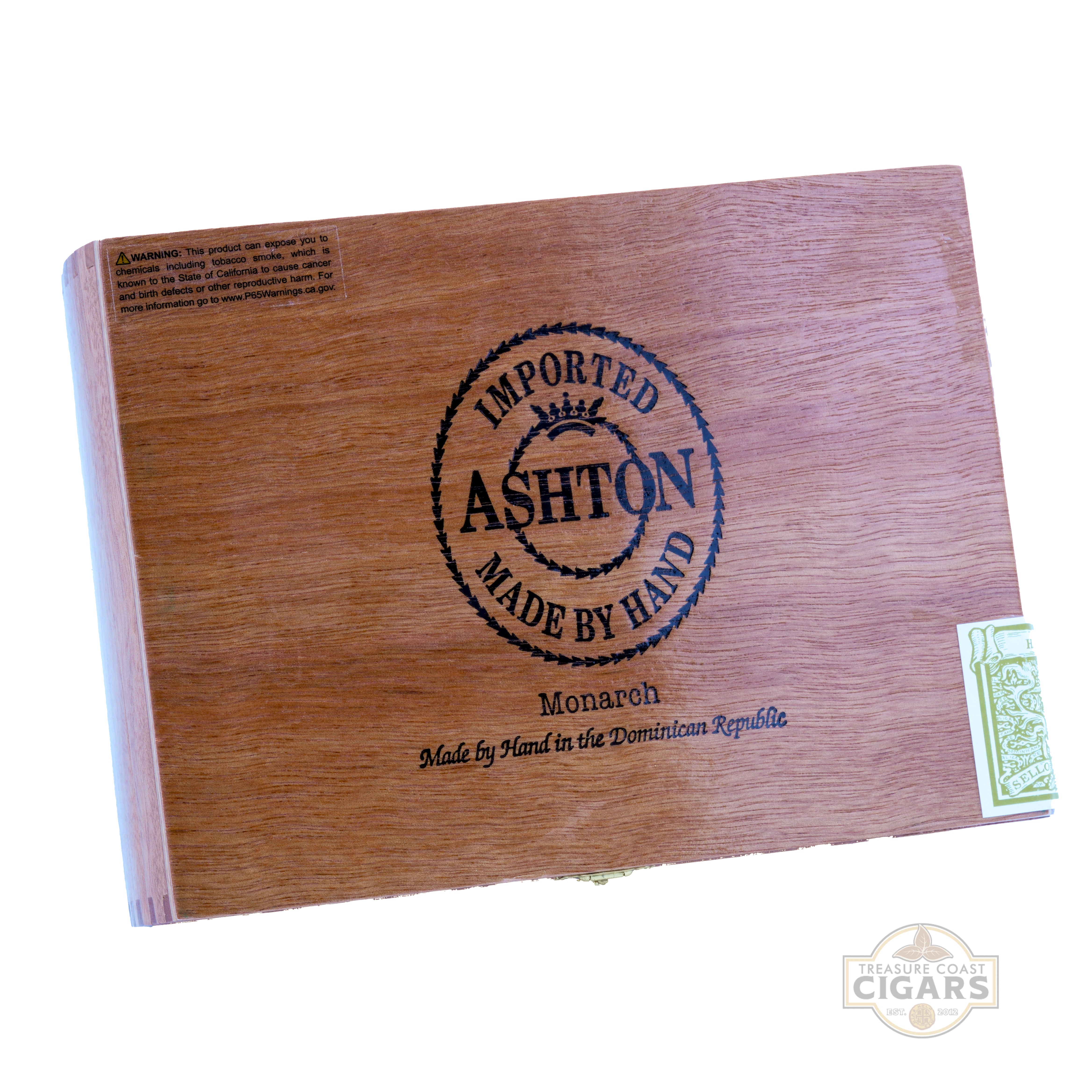 Wooden cigar box with Ashton branding on a white background