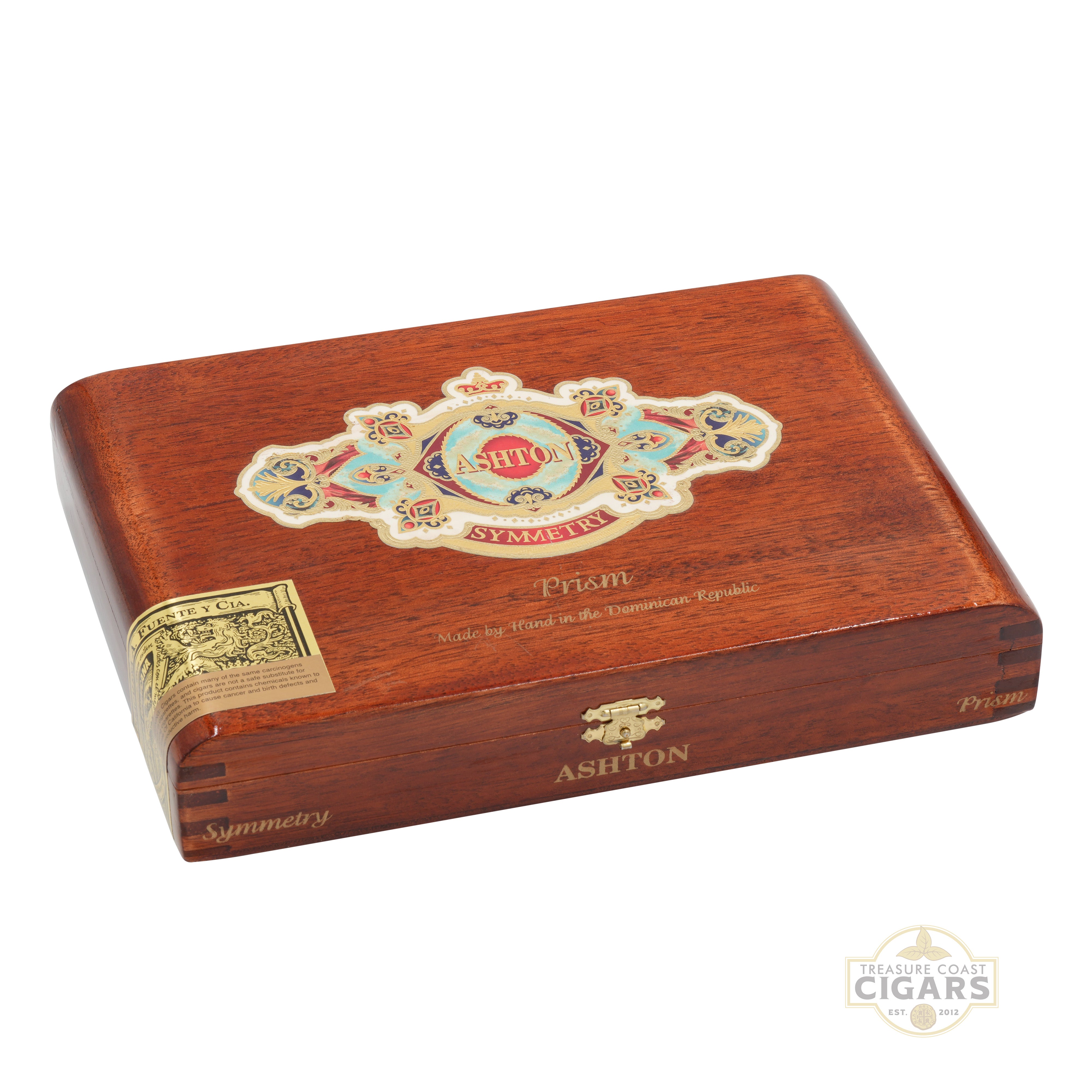 Wooden cigar box with Ashton Symmetry logo on a white background