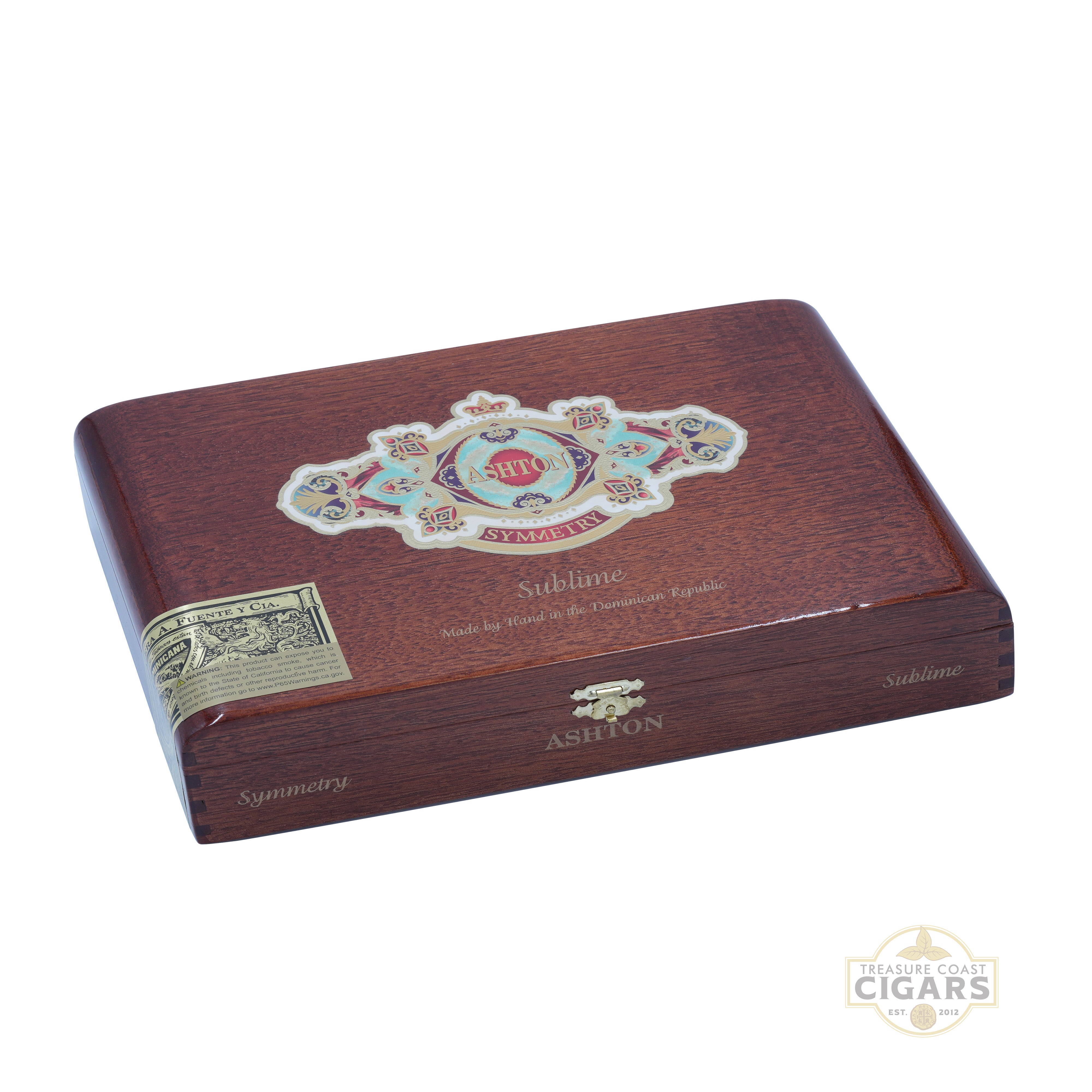 Wooden cigar humidor with Ashon branding on a white background