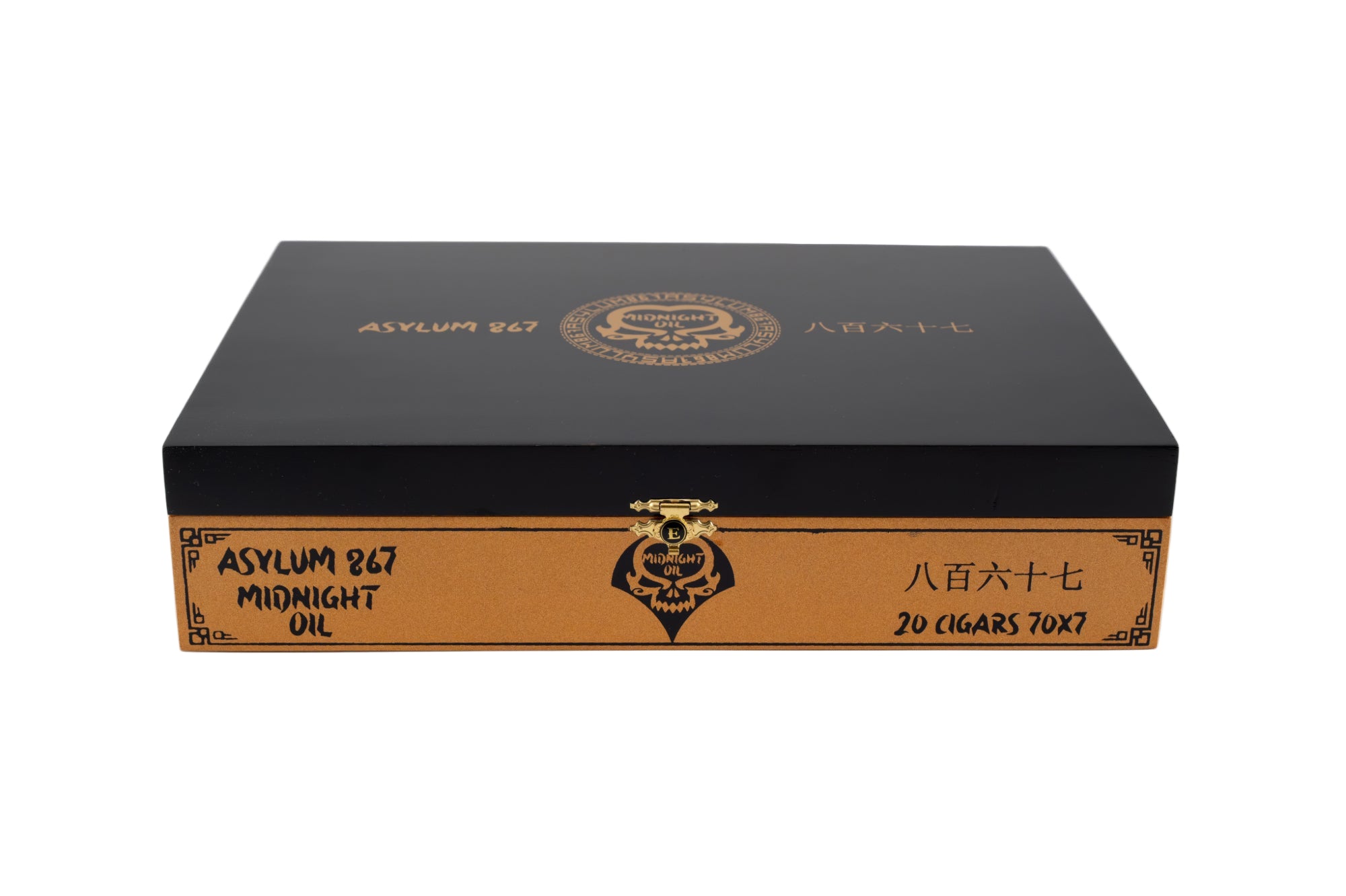 Cigar box with 'Asylum 867' branding on a white background