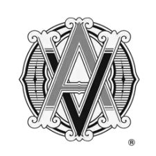 Black and white logo "Avo" logo with decorative elements on a white background