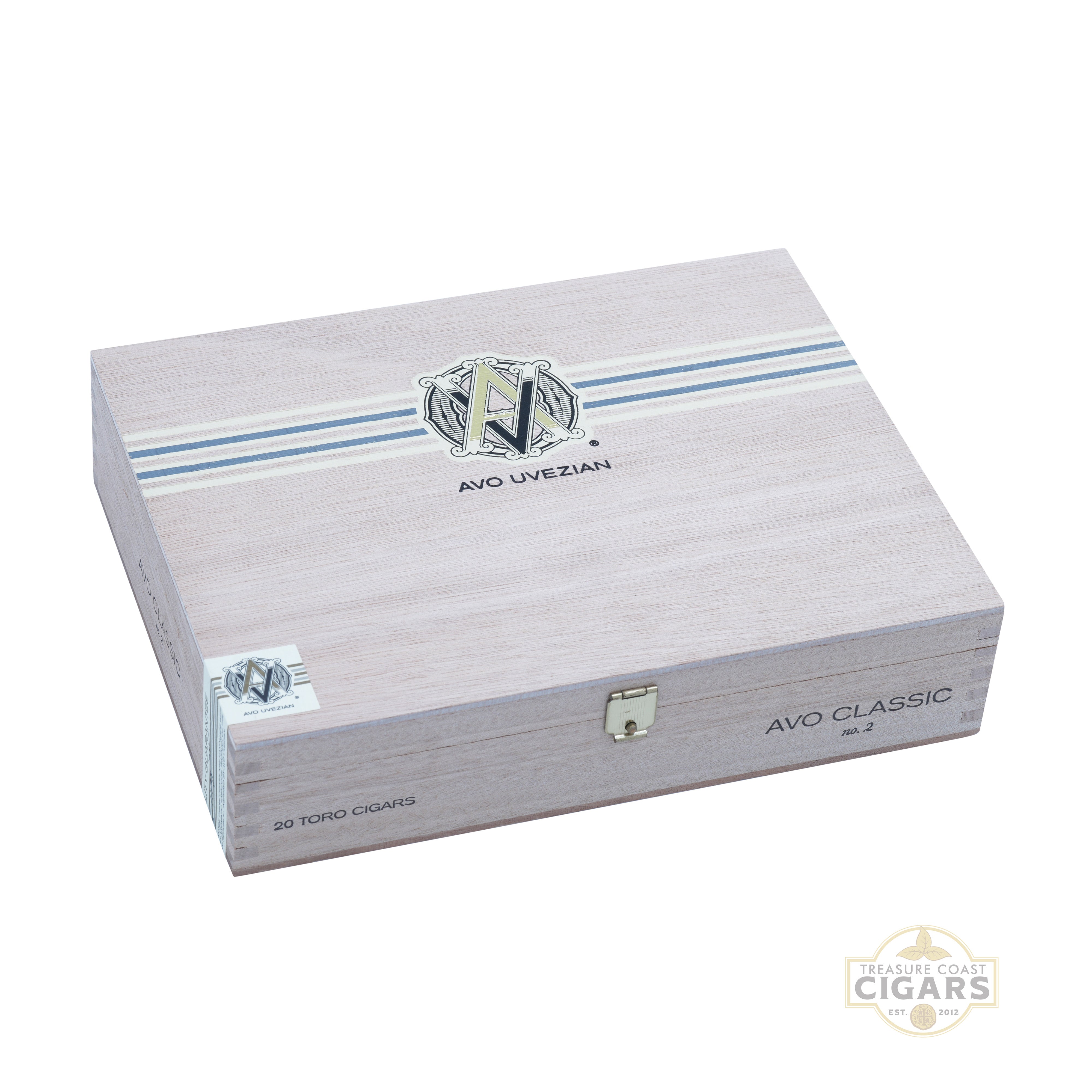 Cigar box with AVO Uvezian branding on a white background