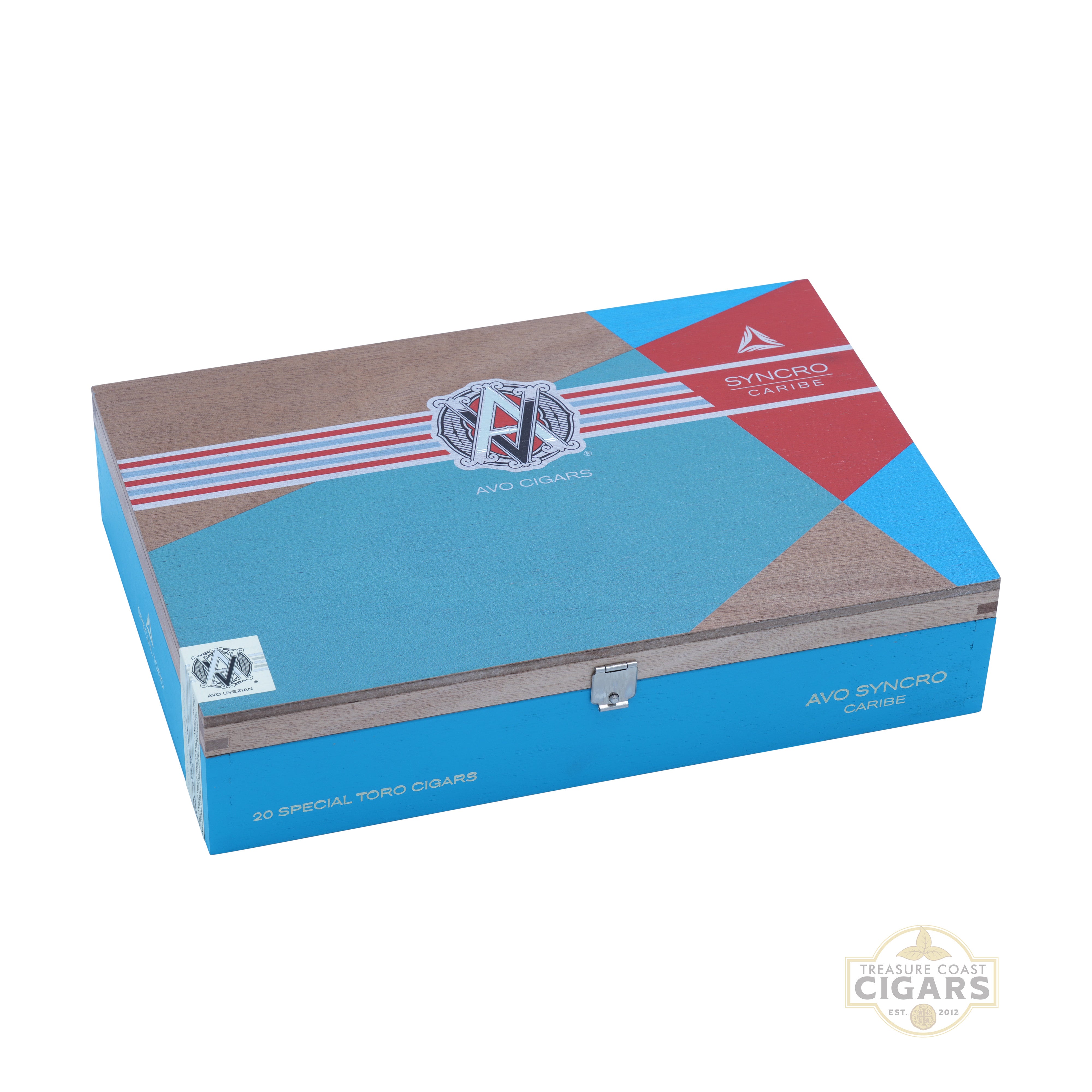 Avo Caribe Cigar box with blue and brown design on a white background
