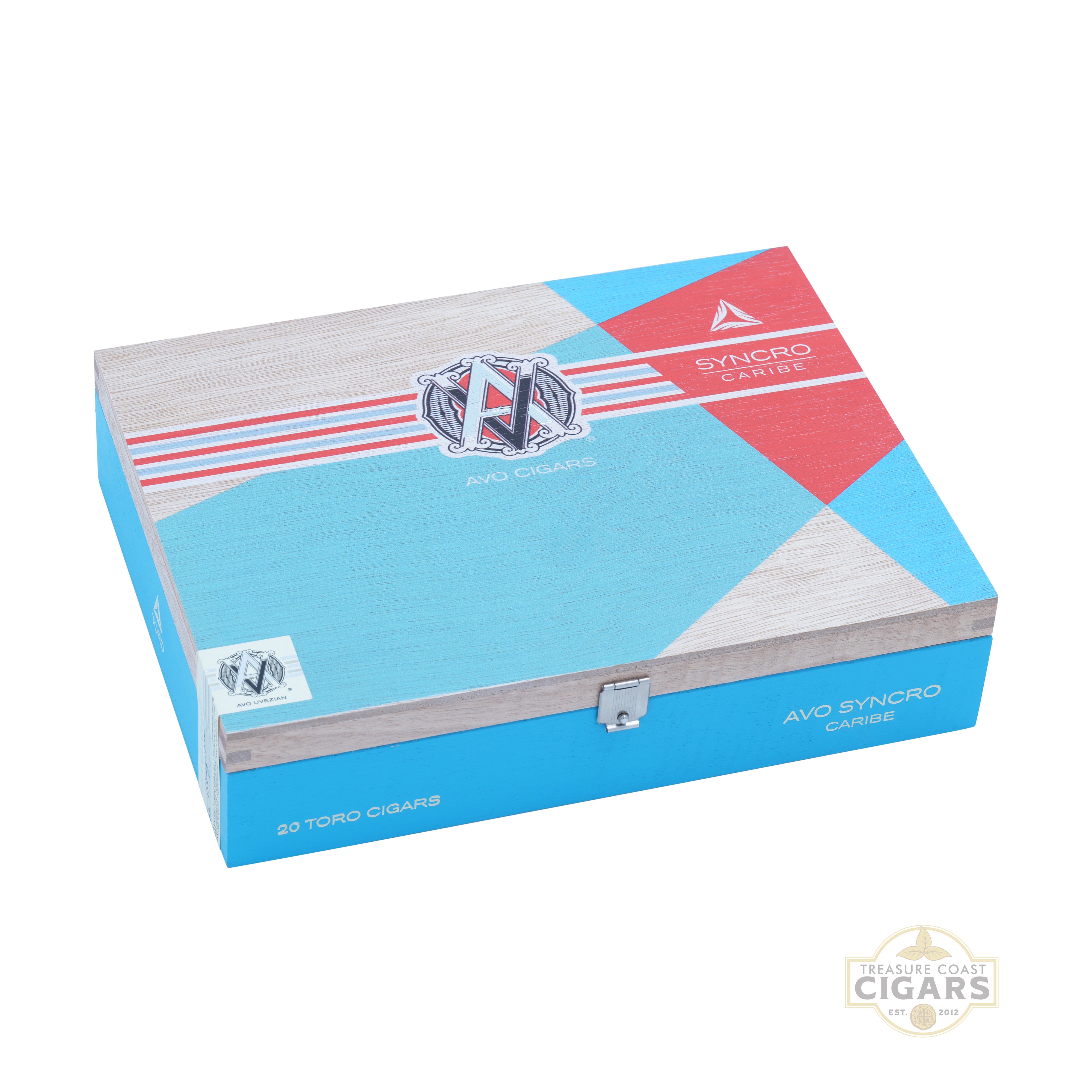 Avo Caribe Cigar box with blue, red, and gray design on a white background