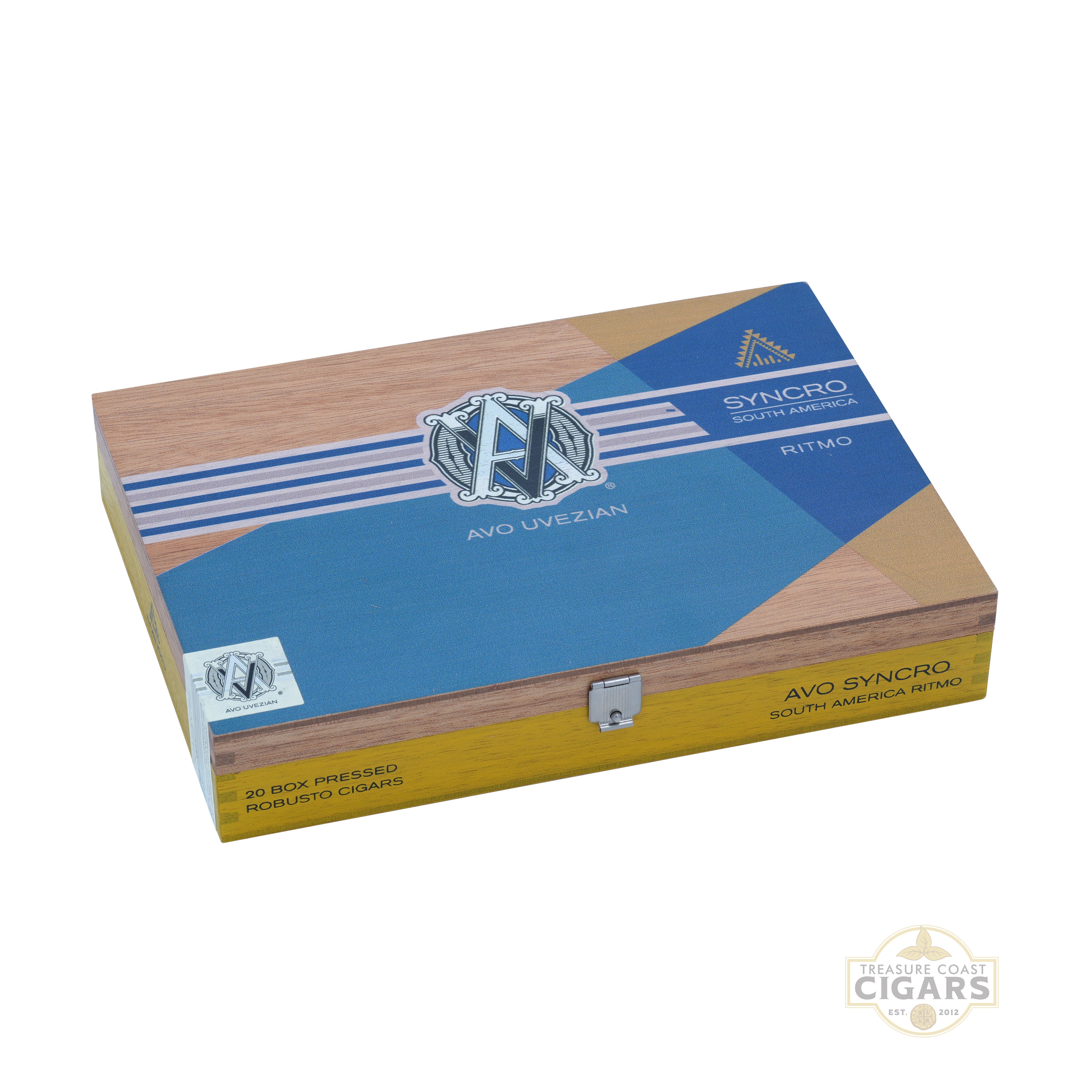 Avo XO Syncro South America cigar box with blue and wooden design on a white background