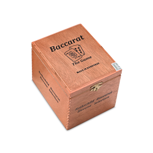Wooden box with 'Baccarat' branding on a white background