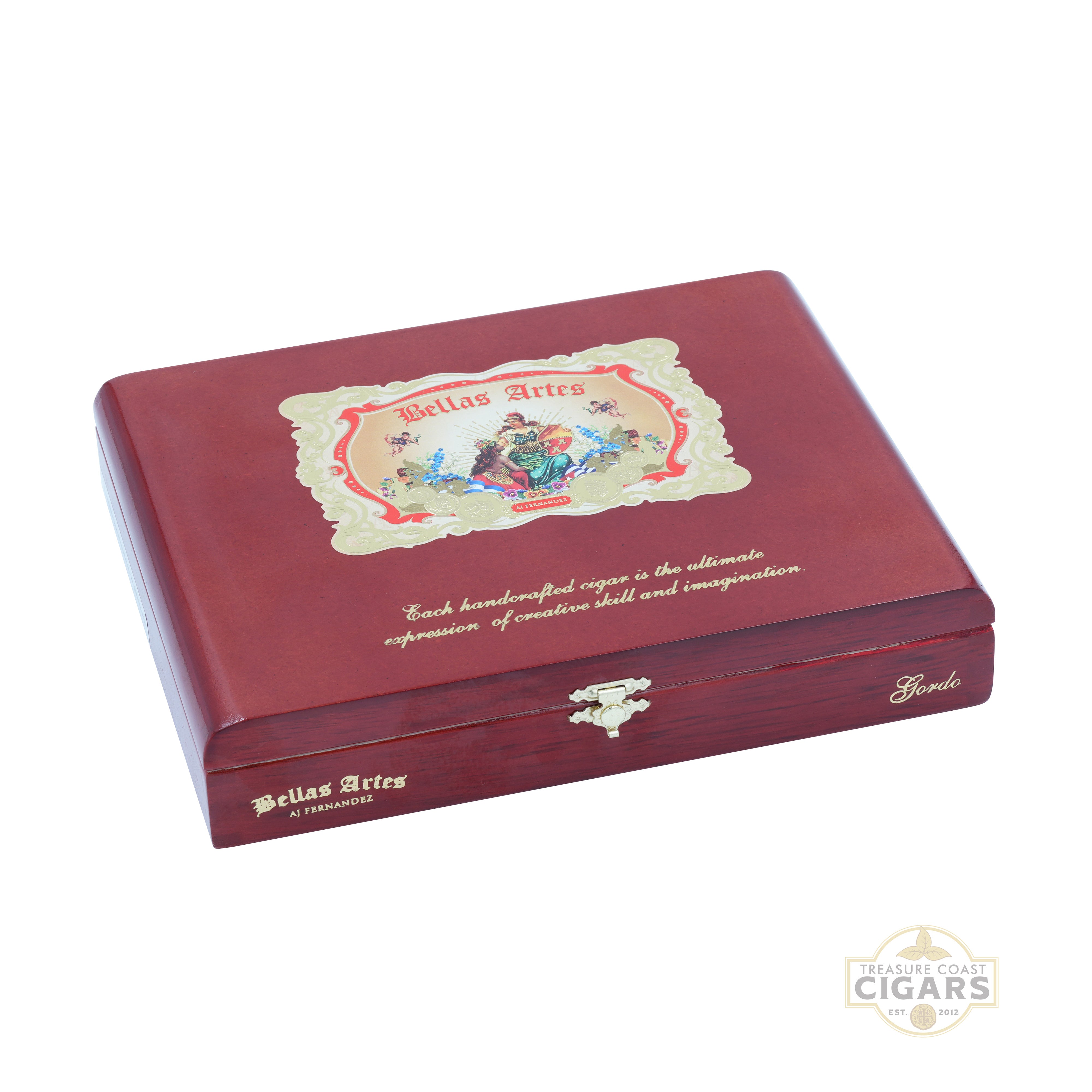 Red cigar box with decorative label on a white background
