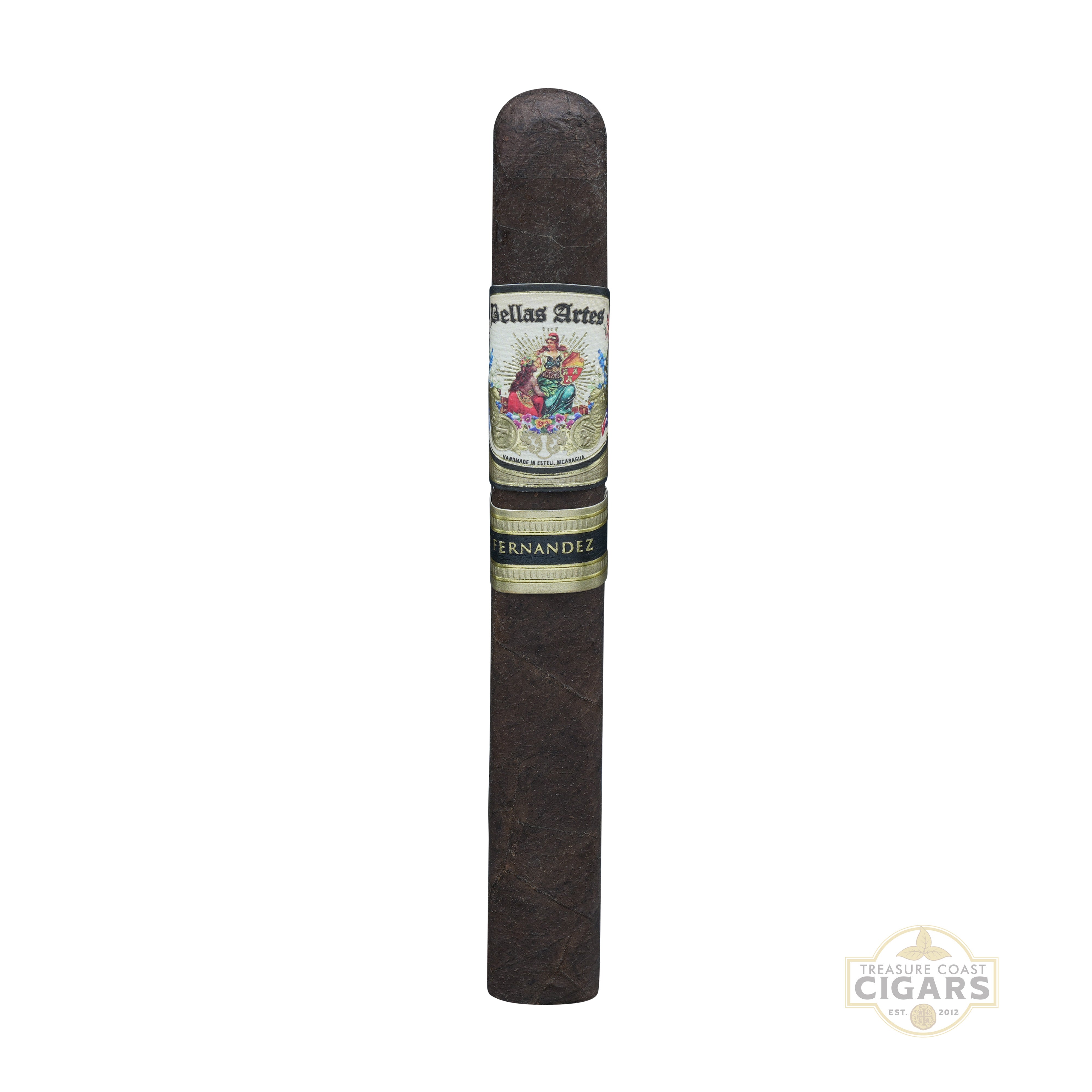 Cigar with band featuring branding on a white background