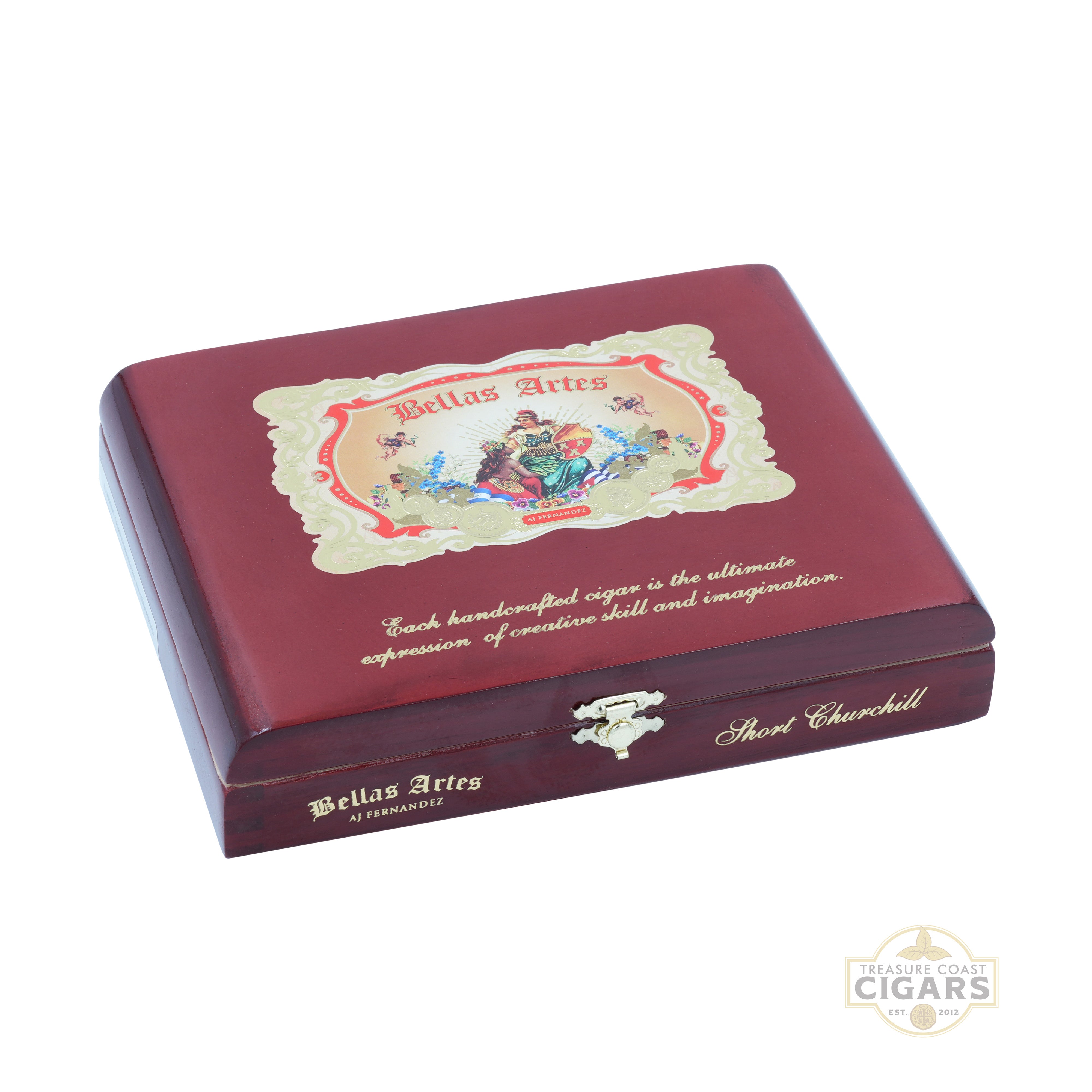 Maroon cigar box with decorative lid featuring 'Bellas Artes' branding on a white background.