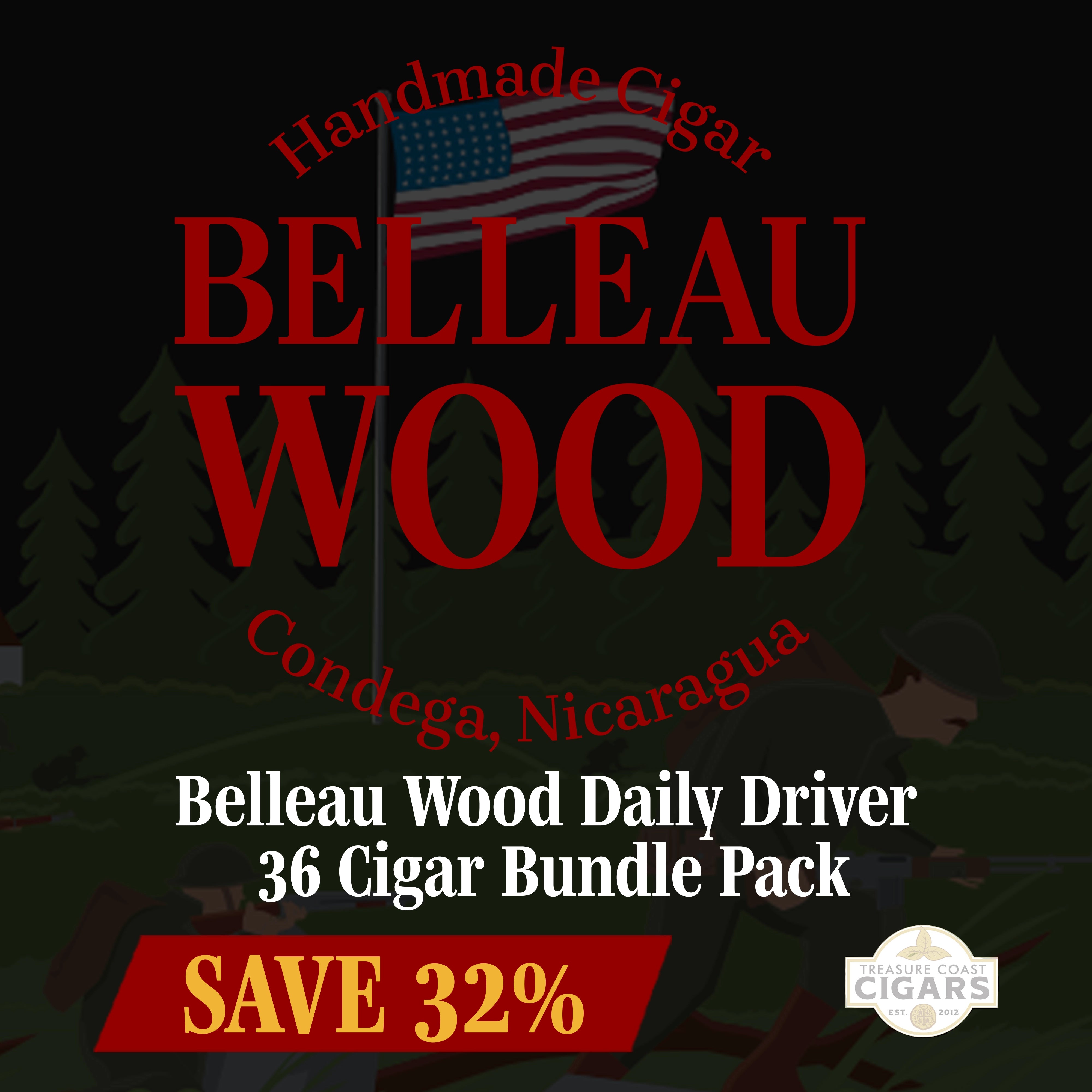 Advertisement for Belleau Wood cigars with a scenic background and promotional text.