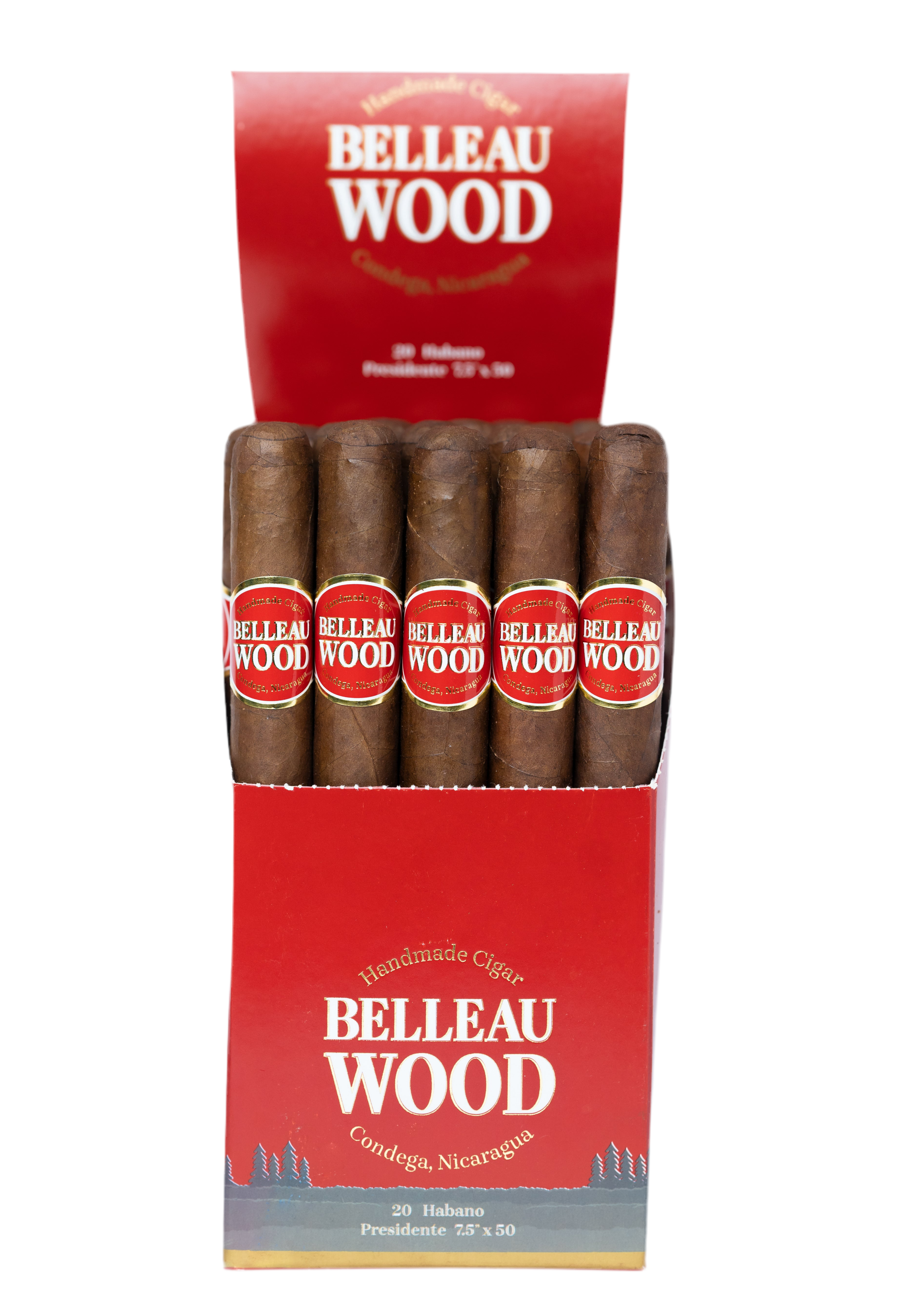 Box of Belleau Wood Presidente cigars with red and packaging.