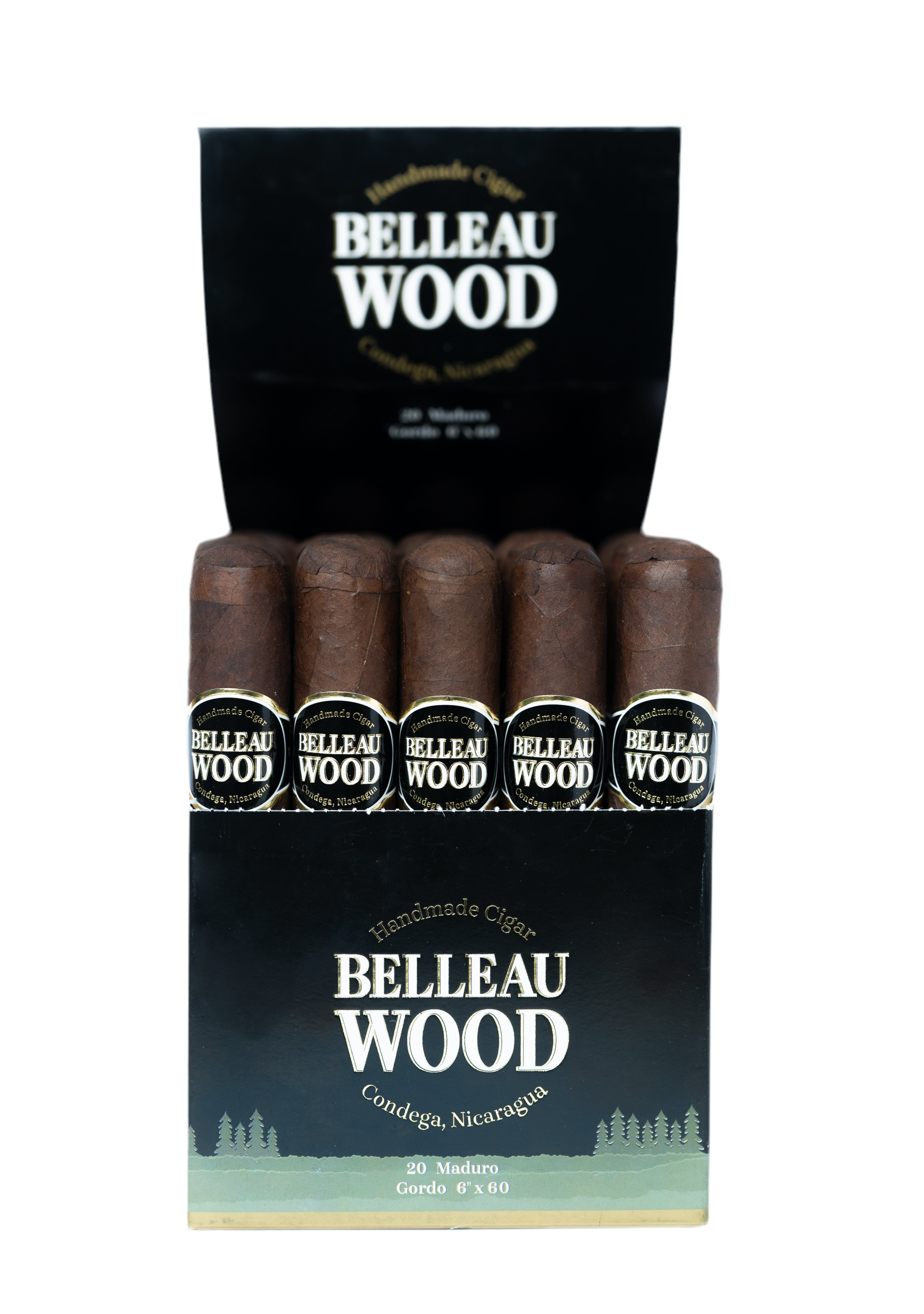 Box of Belleau Wood maduro gordo cigars with a black and green display box.