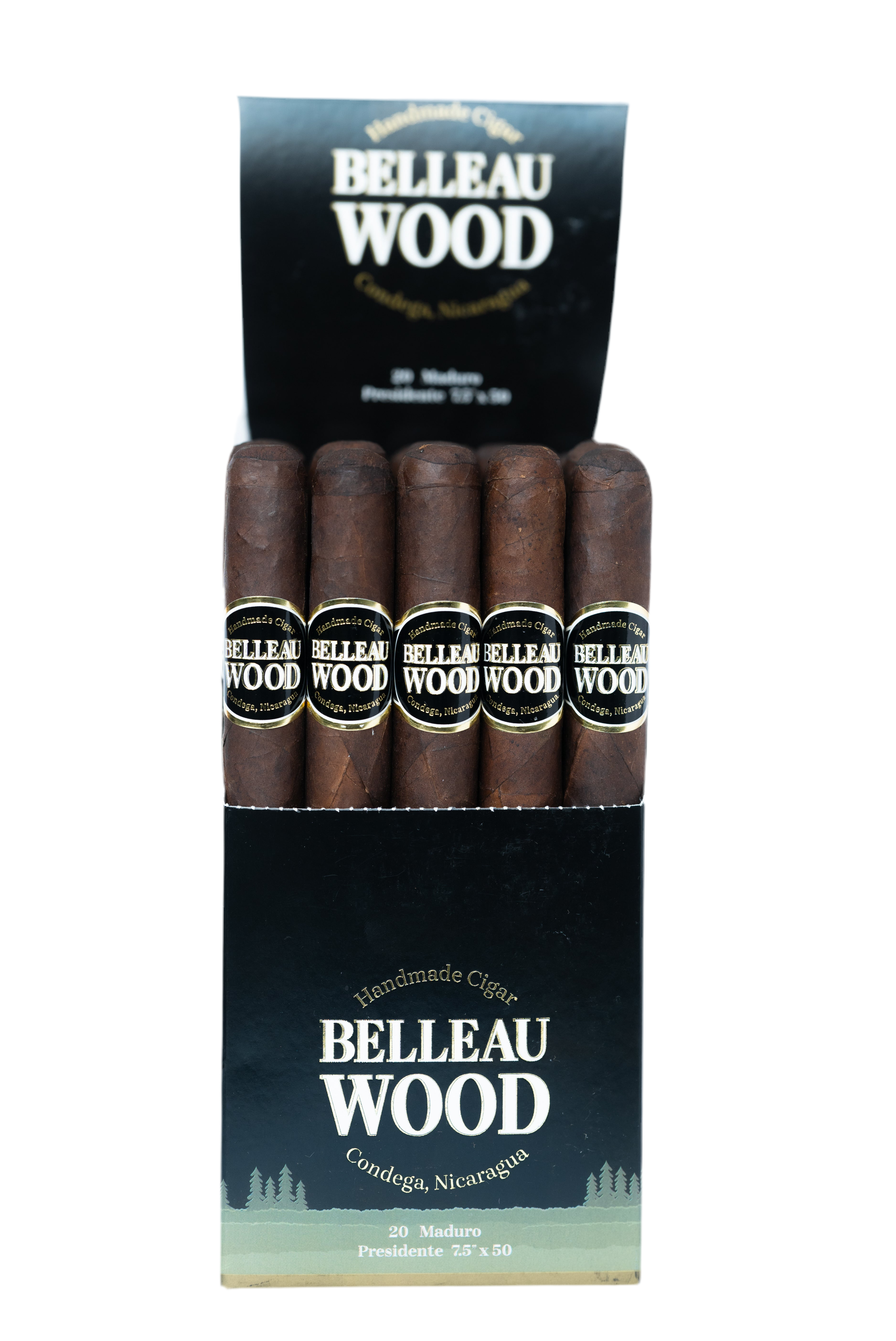 Box of Belleau Wood Maduro Presidente cigars with branding and product details on a white background