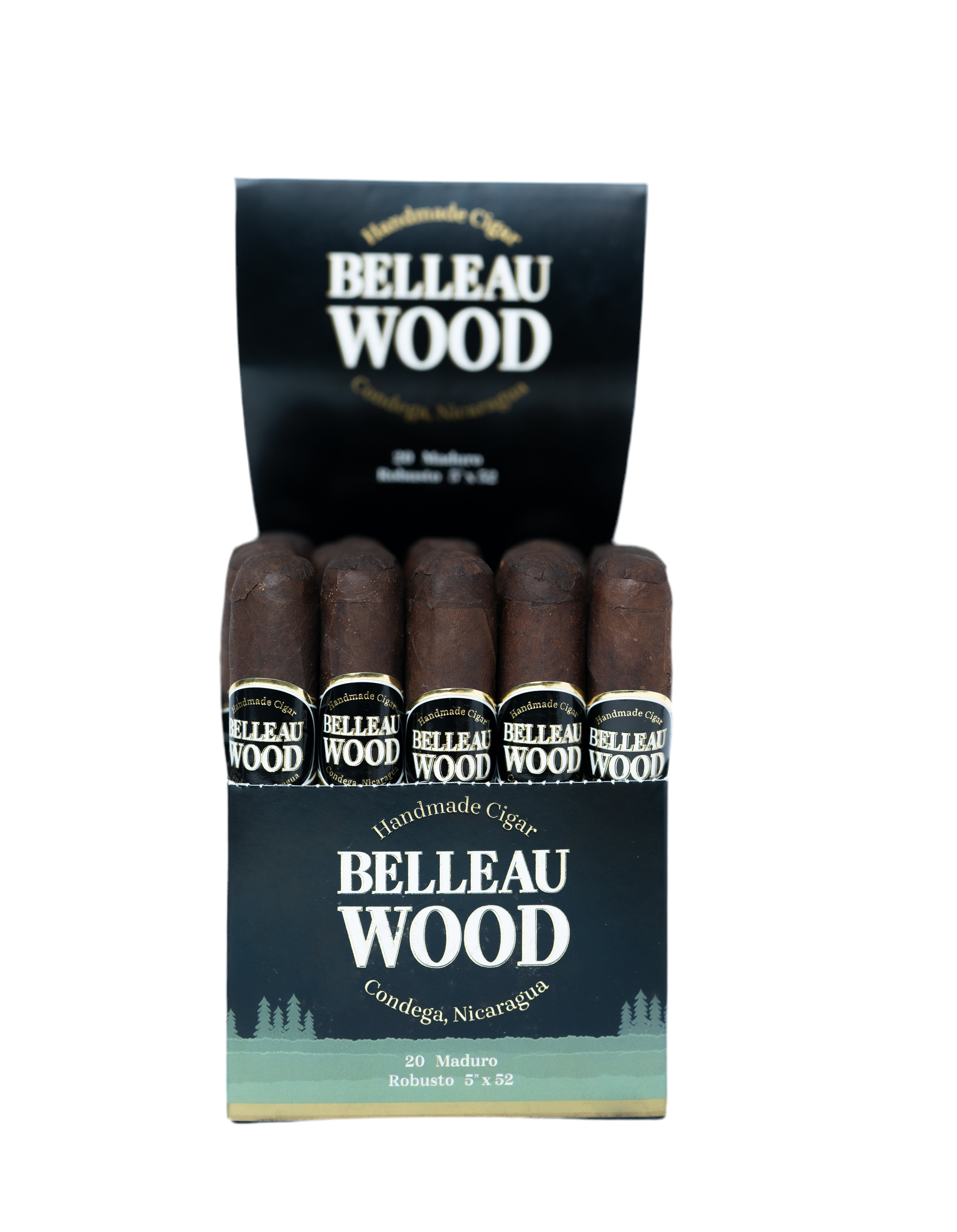 Open box of Belleau Wood maduro robusto cigars with a black and green display box.