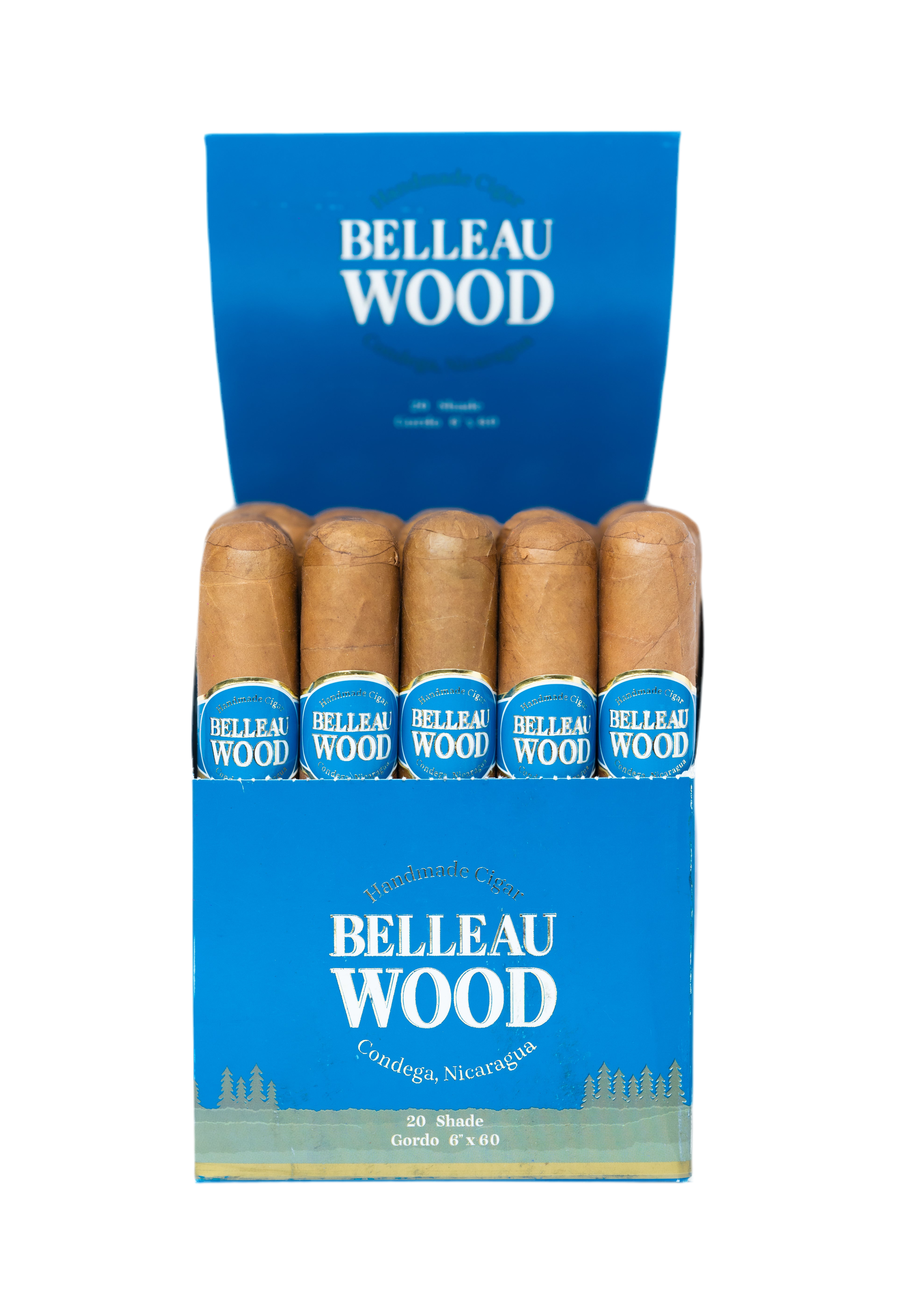 Box of Belleau Wood Shade Gordo cigars with blue packaging on a white background