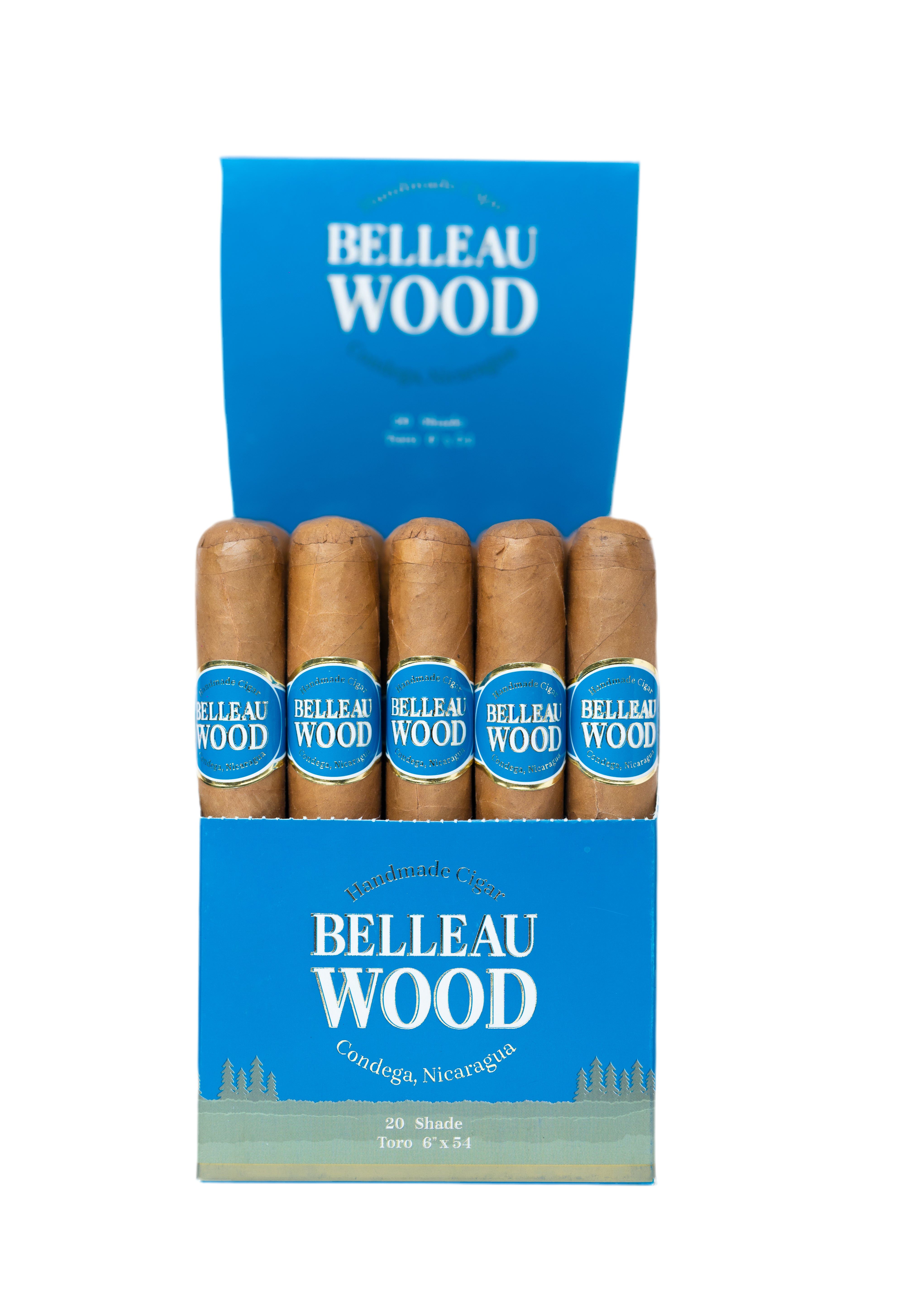 Open box of Belleau Wood Shade Toro cigars with blue packaging on a white background