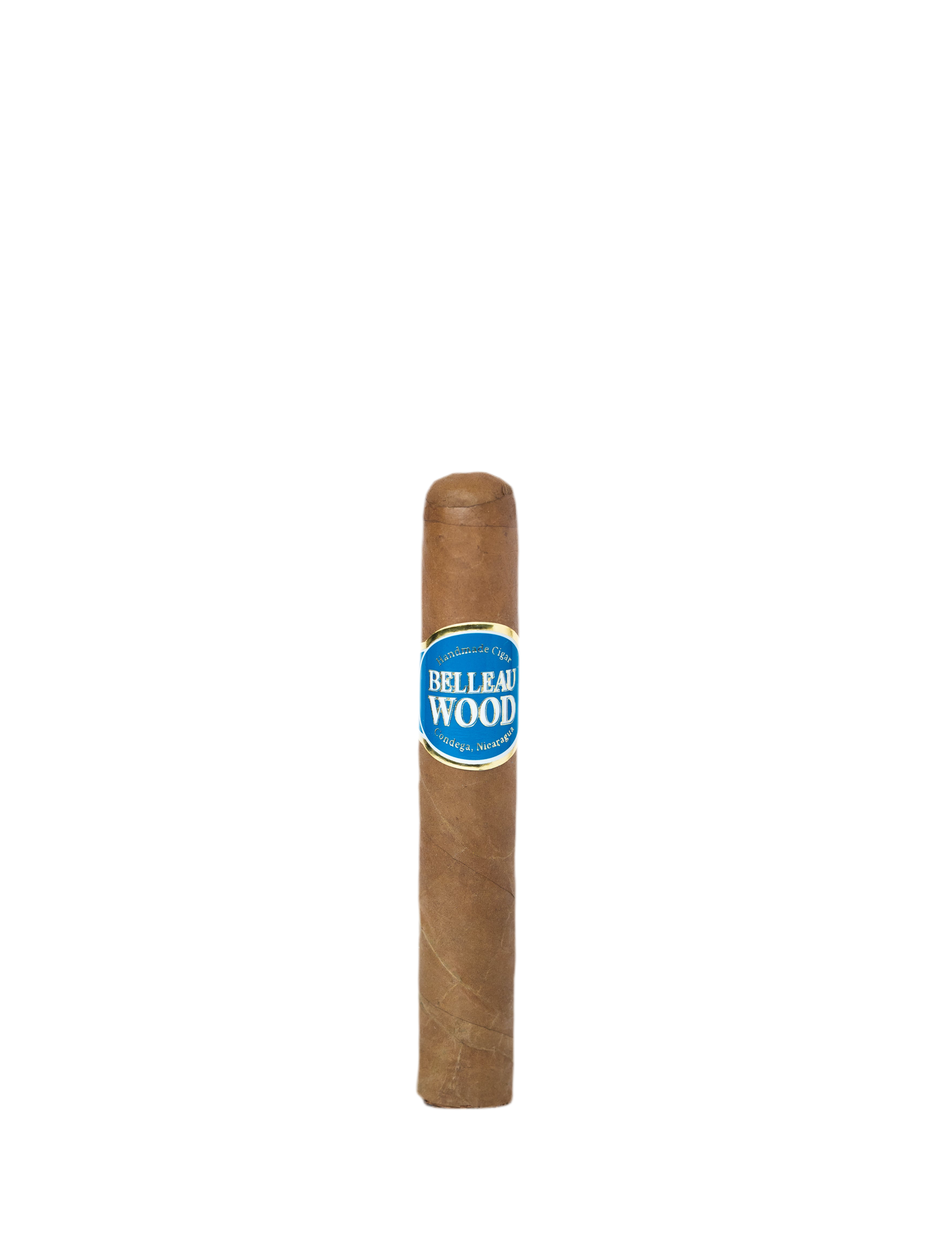 Belleau Wood Shade robusto cigar with a blue label on a white background
