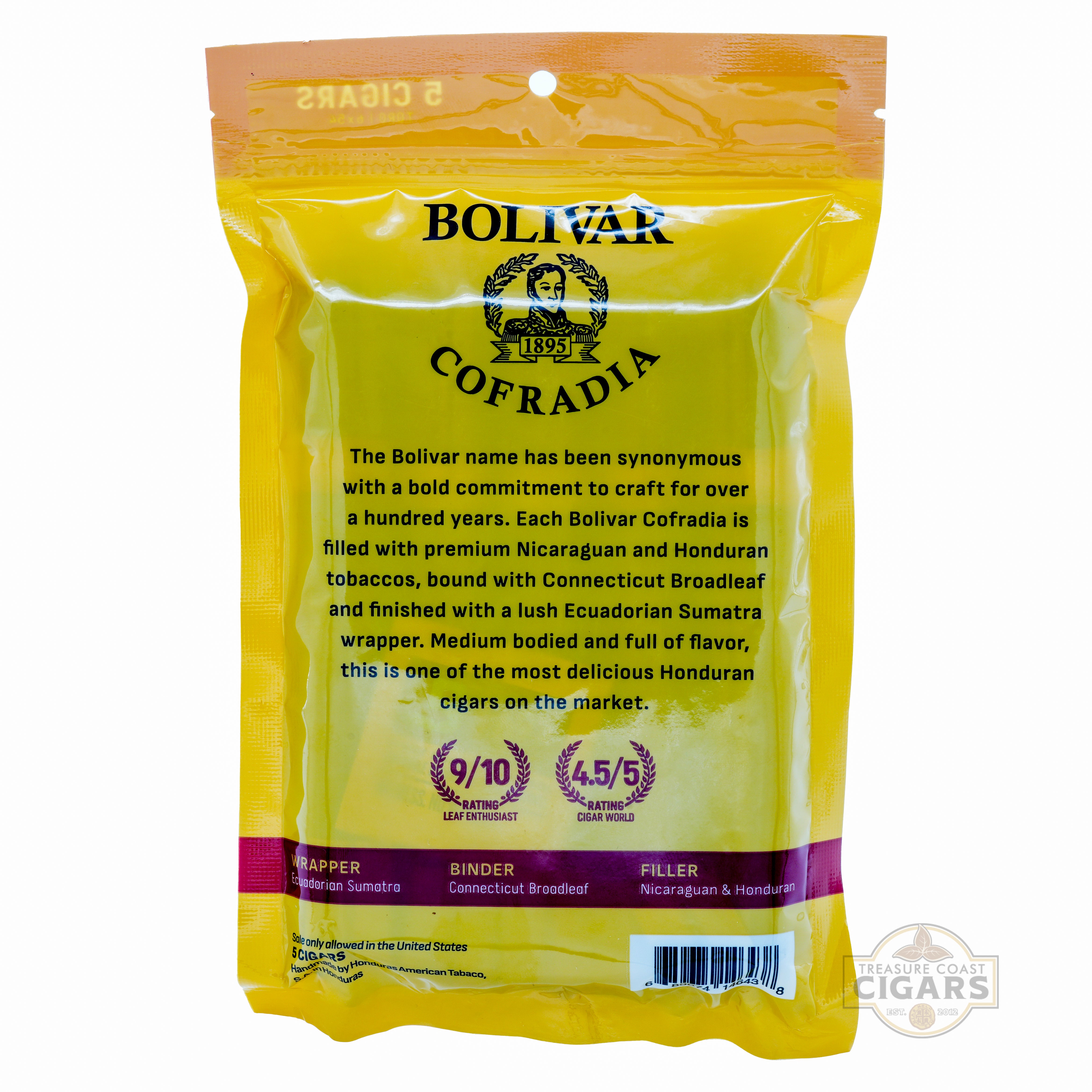 Bolivar Cofradia yellow packaging with branding and product details on a white background