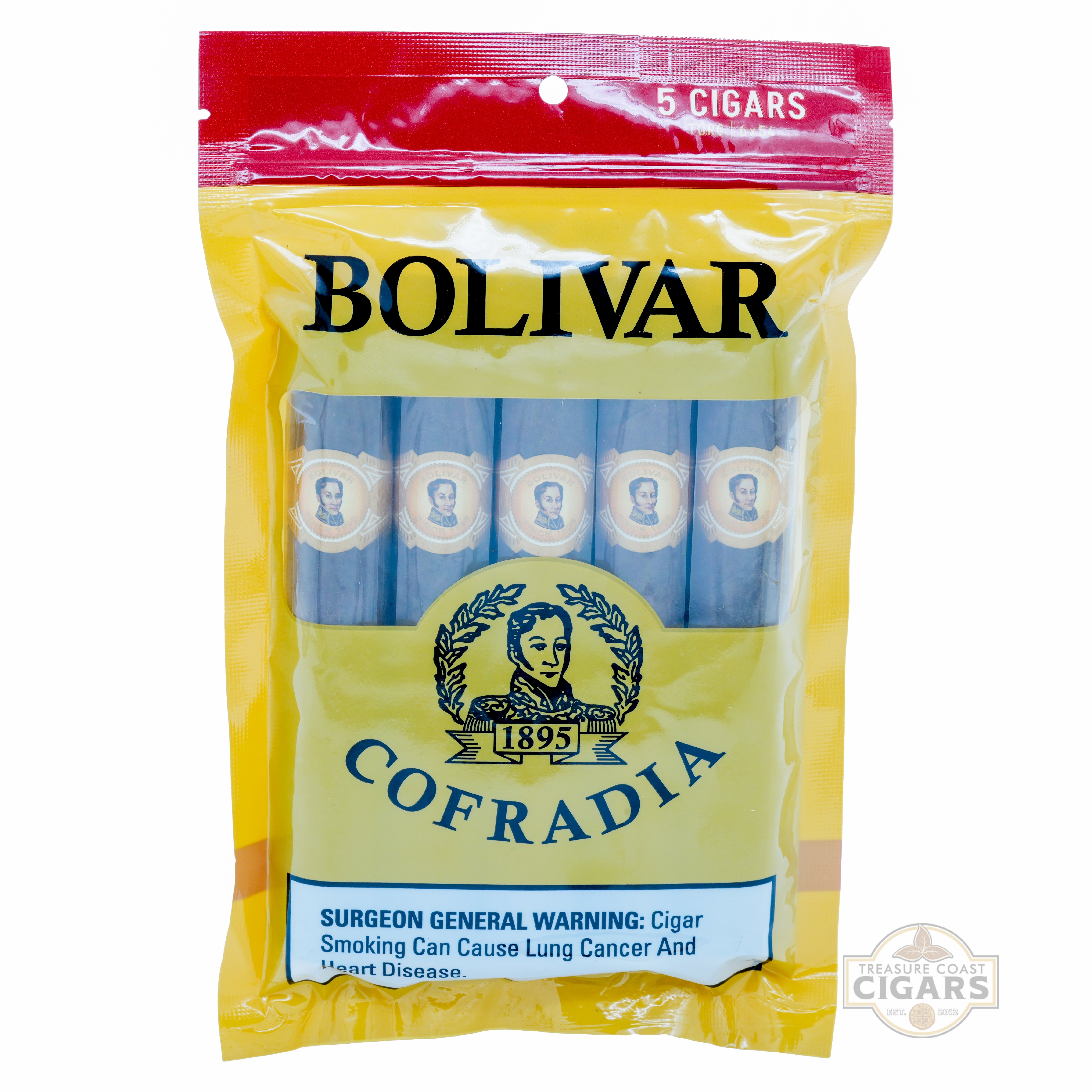 Pack of Bolivar Cofradia cigars with yellow and red packaging.