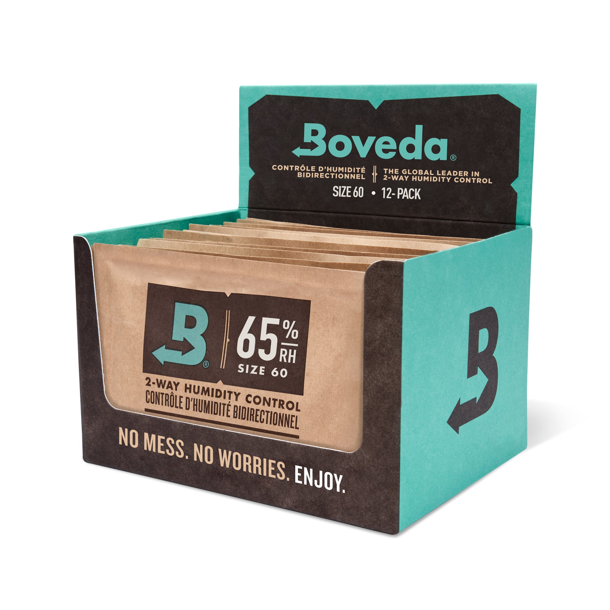 Boveda humidity control packs in a display box on a white background