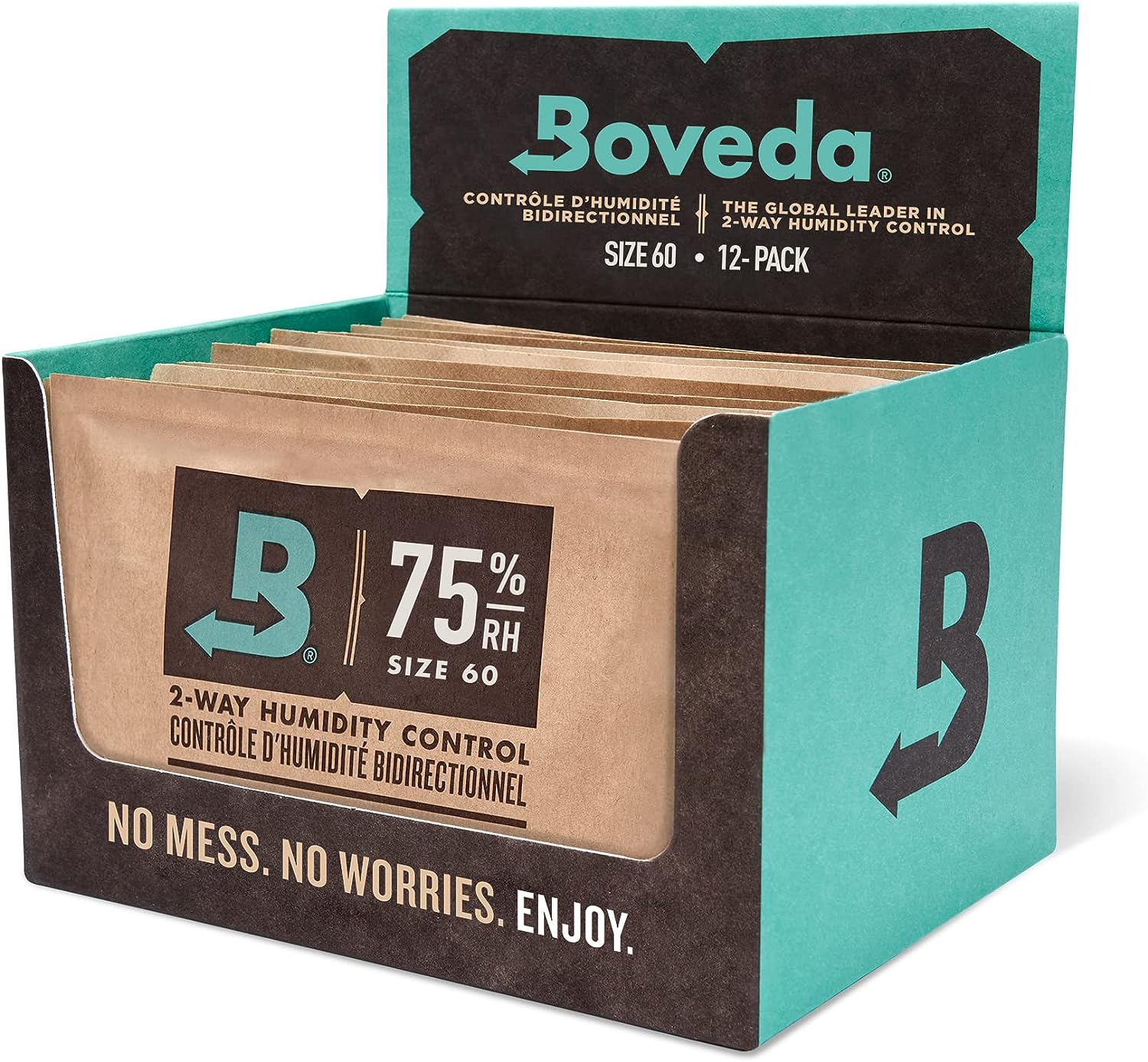 Boveda humidity control packs in a display box on a white background