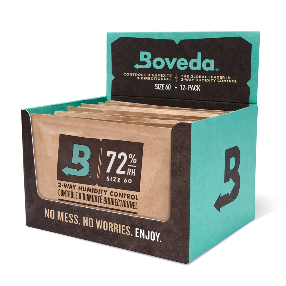 Box of Boveda 72% humidity control packs with visible branding and product details.