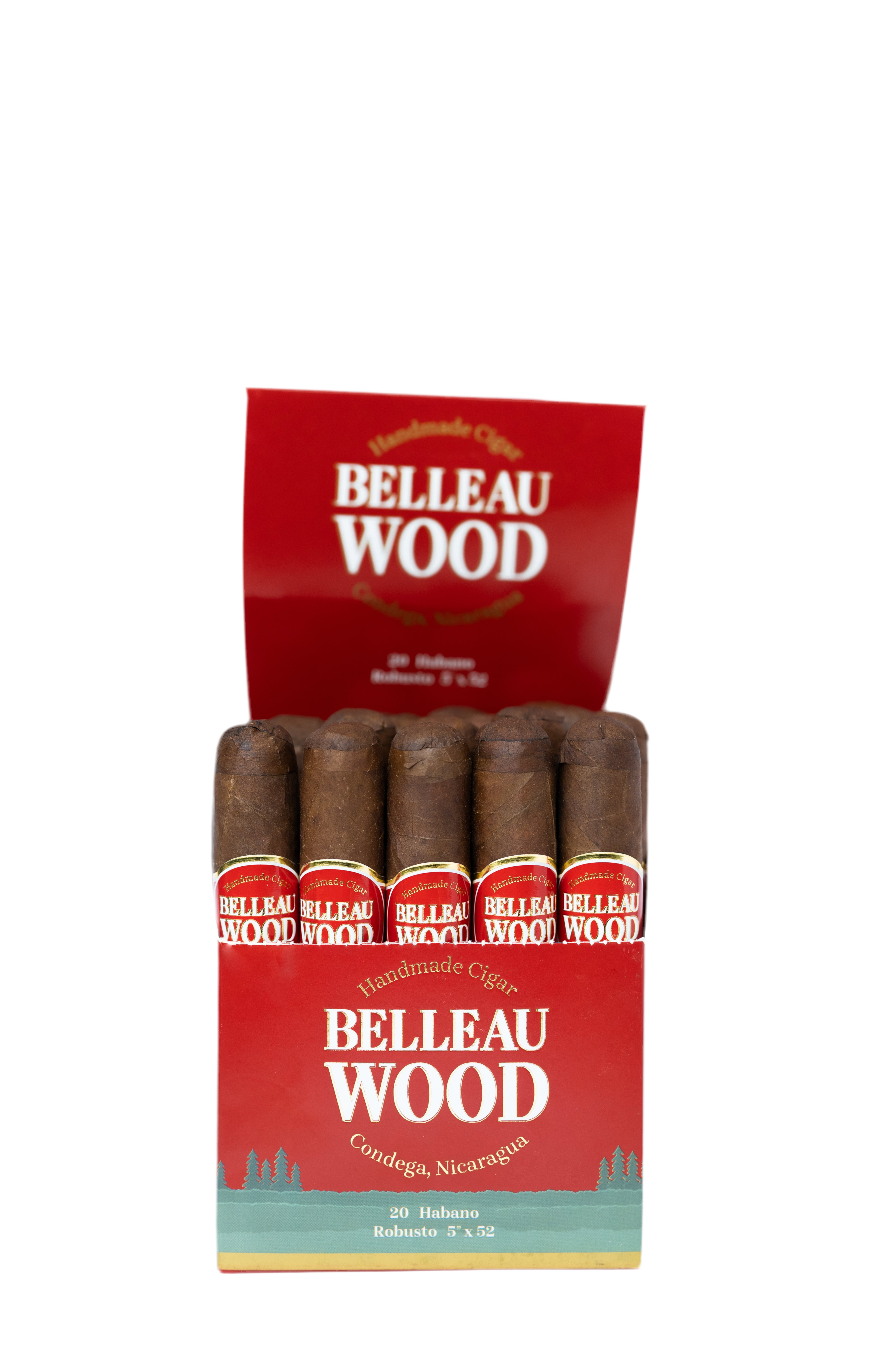 Box of Belleau Wood Habano Robusto cigars with red and brown packaging on a white background