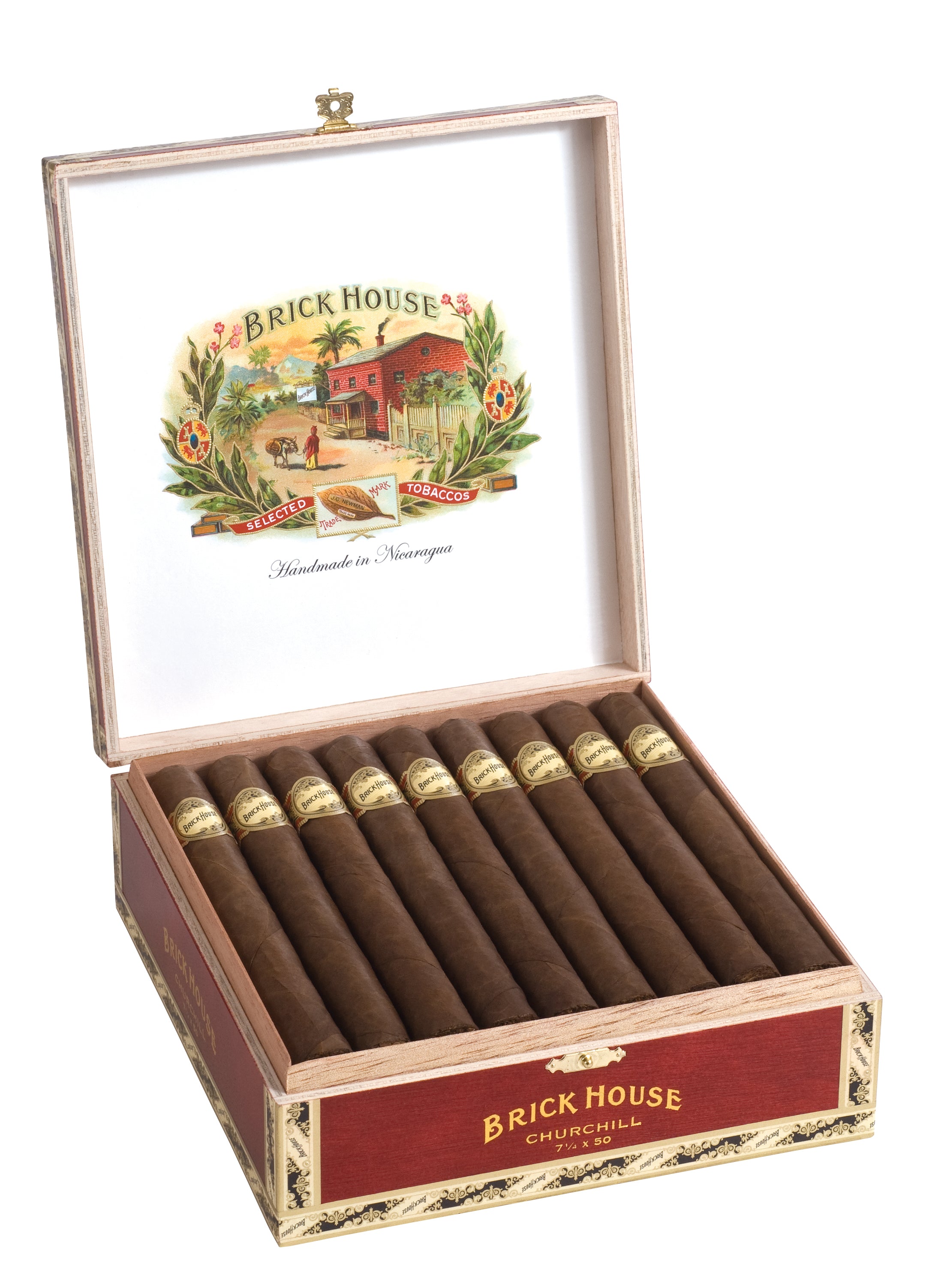 Open box of Brick House cigars with cigars inside on a white background