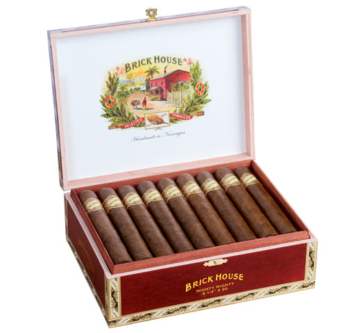 Open cigar box with cigars and 'Brick House' branding on a white background