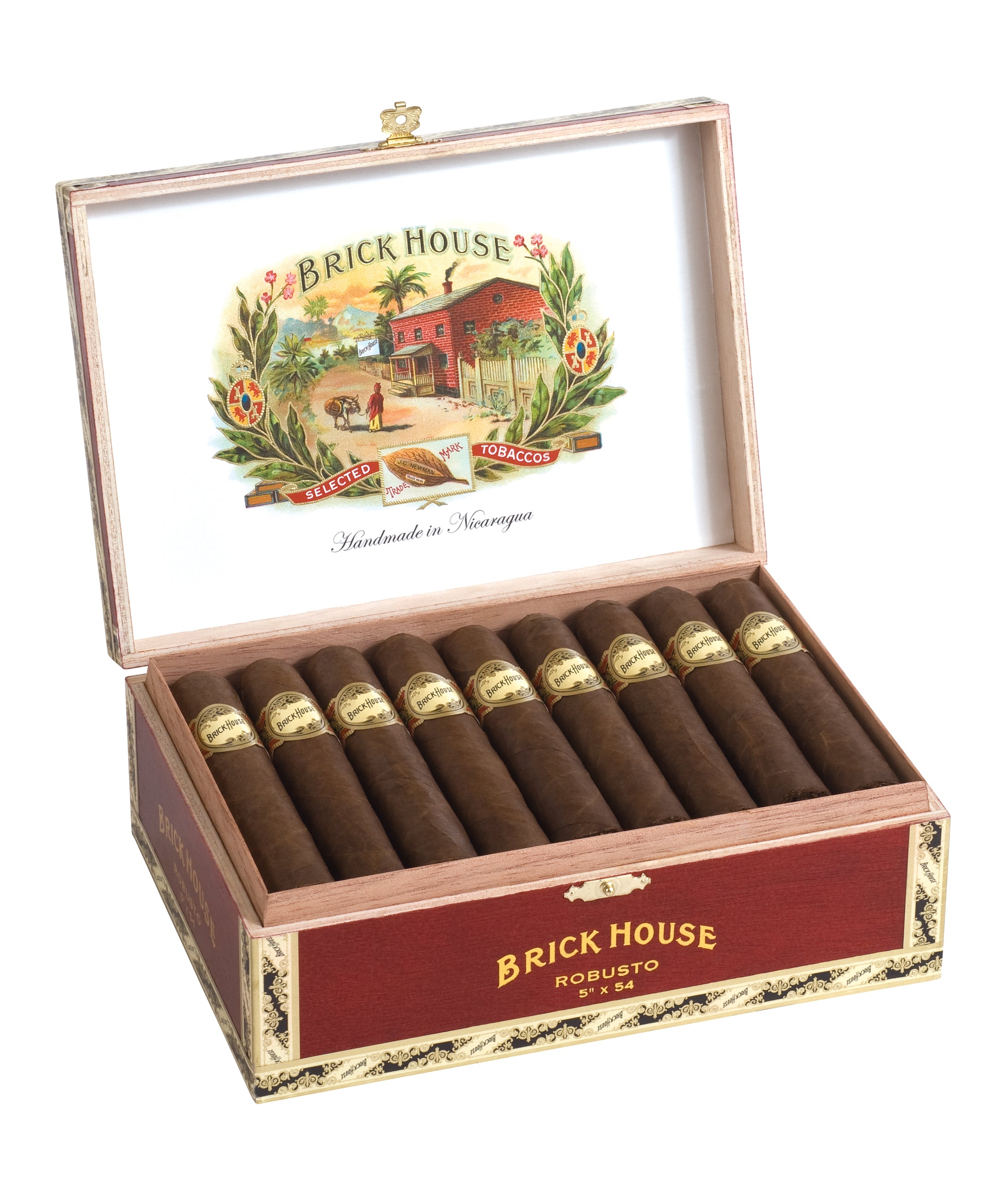 Open cigar box displaying Brick House cigars with brand logo on a white background