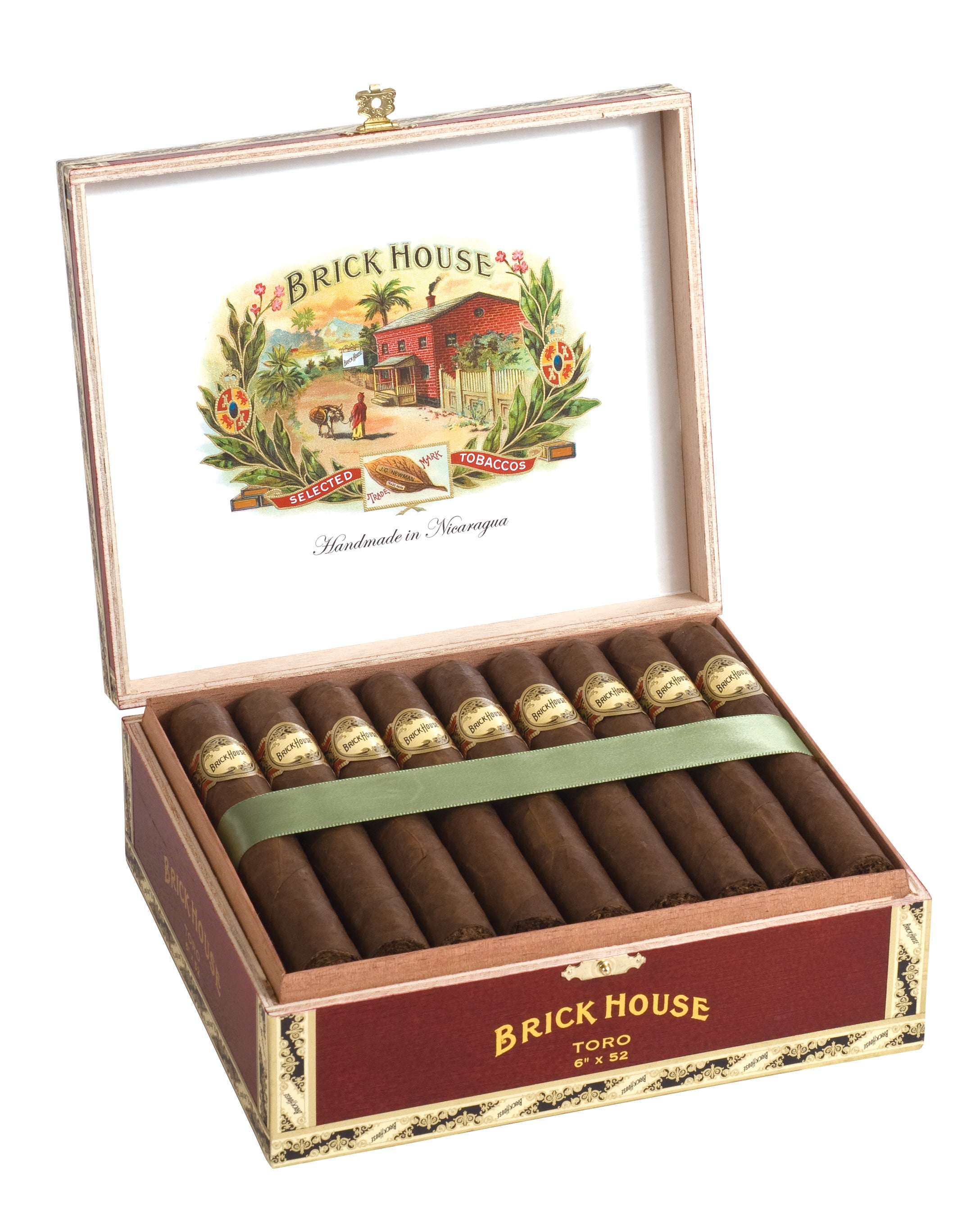 Open cigar box with 'Brick House' cigars and branding on a white background