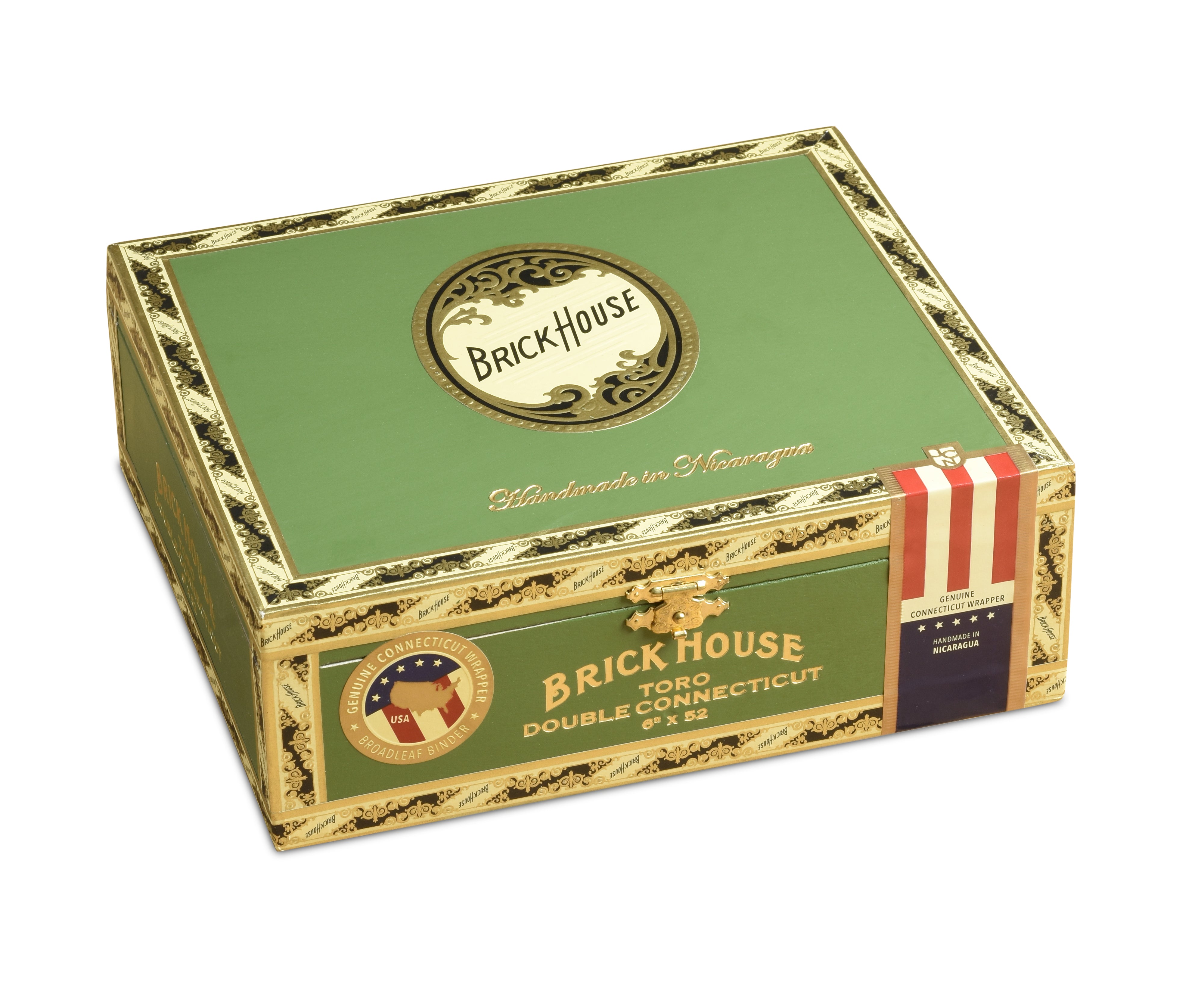 Brick House cigars box with green and gold design on a white background