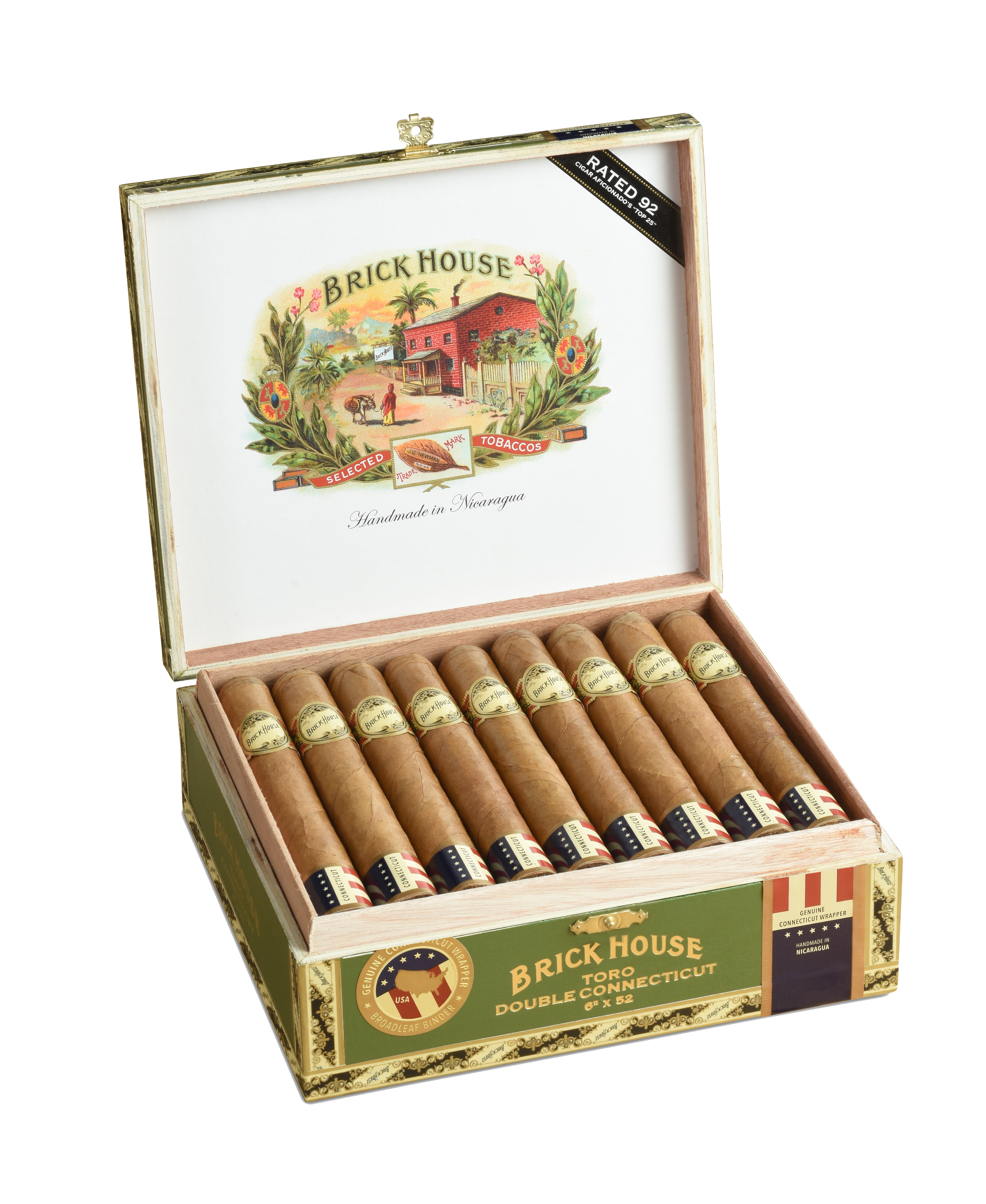 Open box of Brick House cigars with cigars inside on a white background
