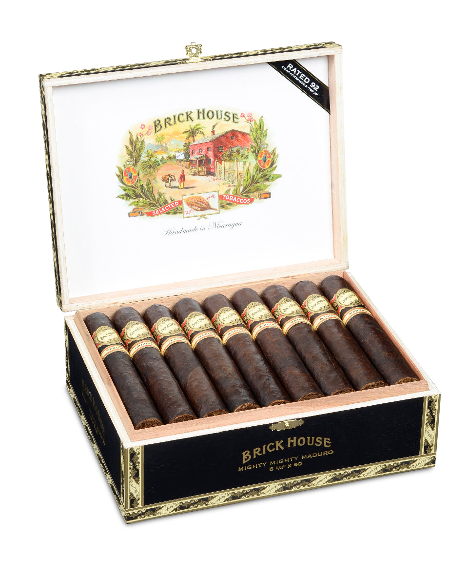 Open box of Brick House cigars with cigars inside on a white background