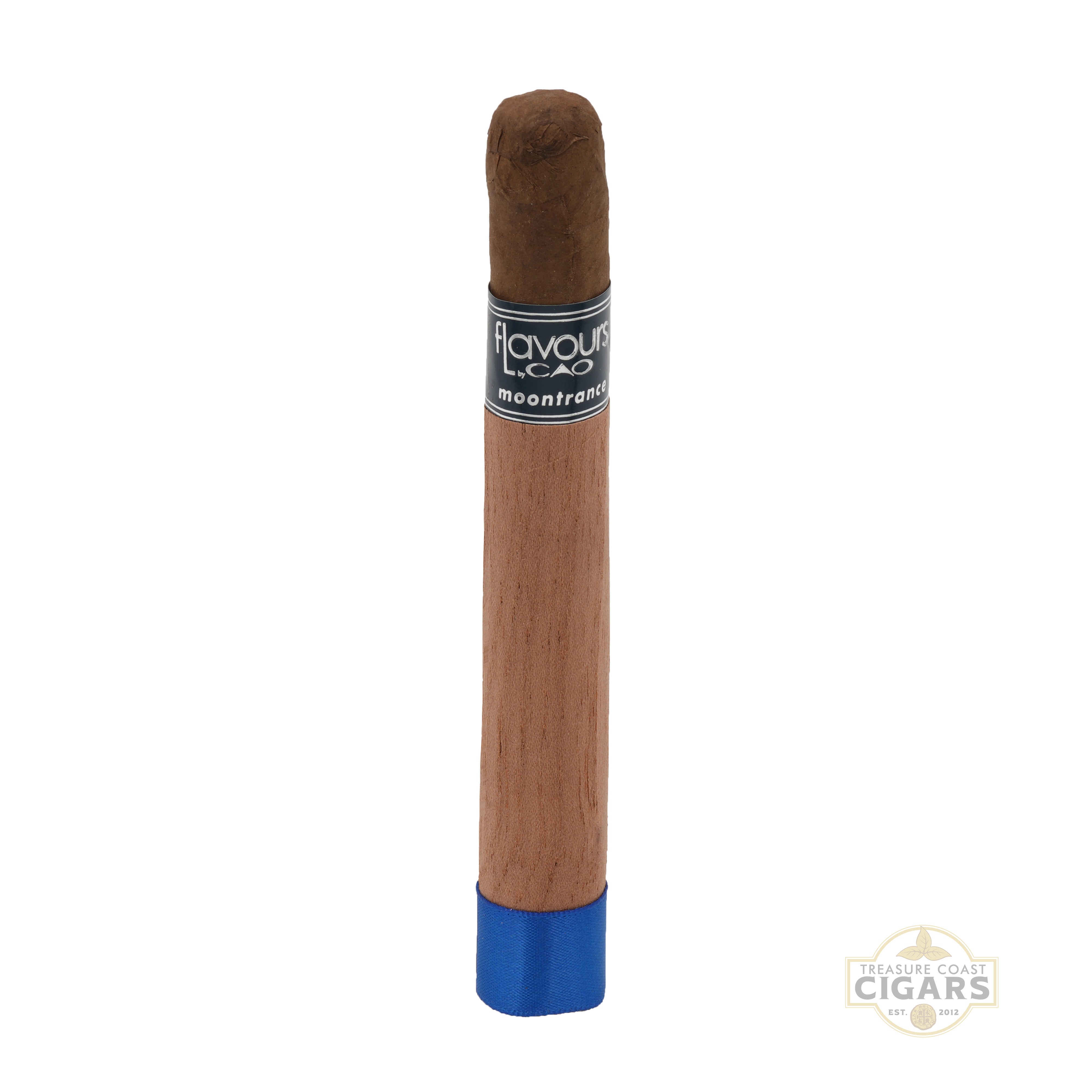 Cigar with blue tip and visible branding on a white background